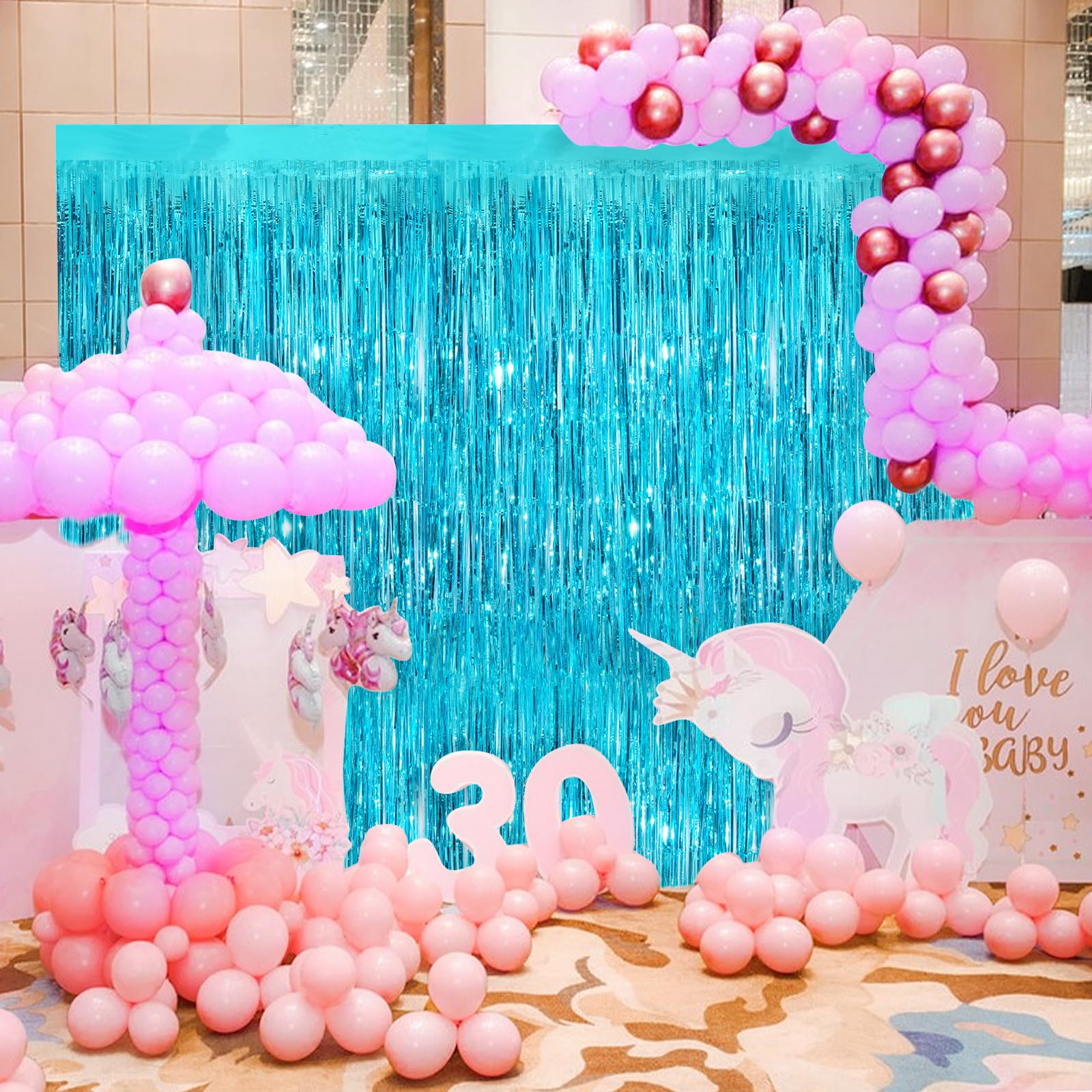 Sky Blue Metallic Tinsel Foil Fringe Curtain, 2 Pack 3.3X8.3 Feet Party Streamer For Birthday Party Decorations, Halloween Decor