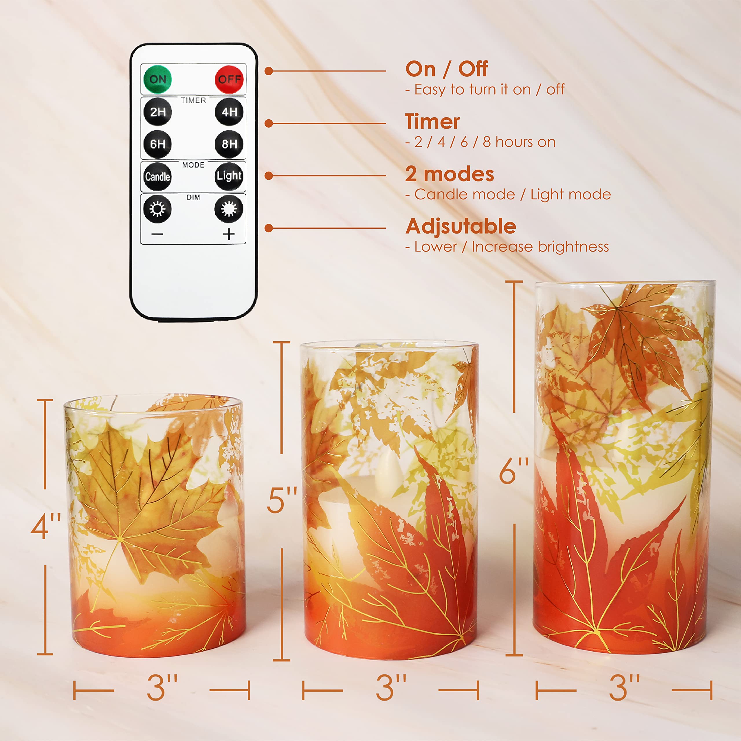 Crystal Club Fall Flameless Candles, Autumn Maple Leaves Led Flickering Candles With Remote And Timer, Battery Operated Glass Ef