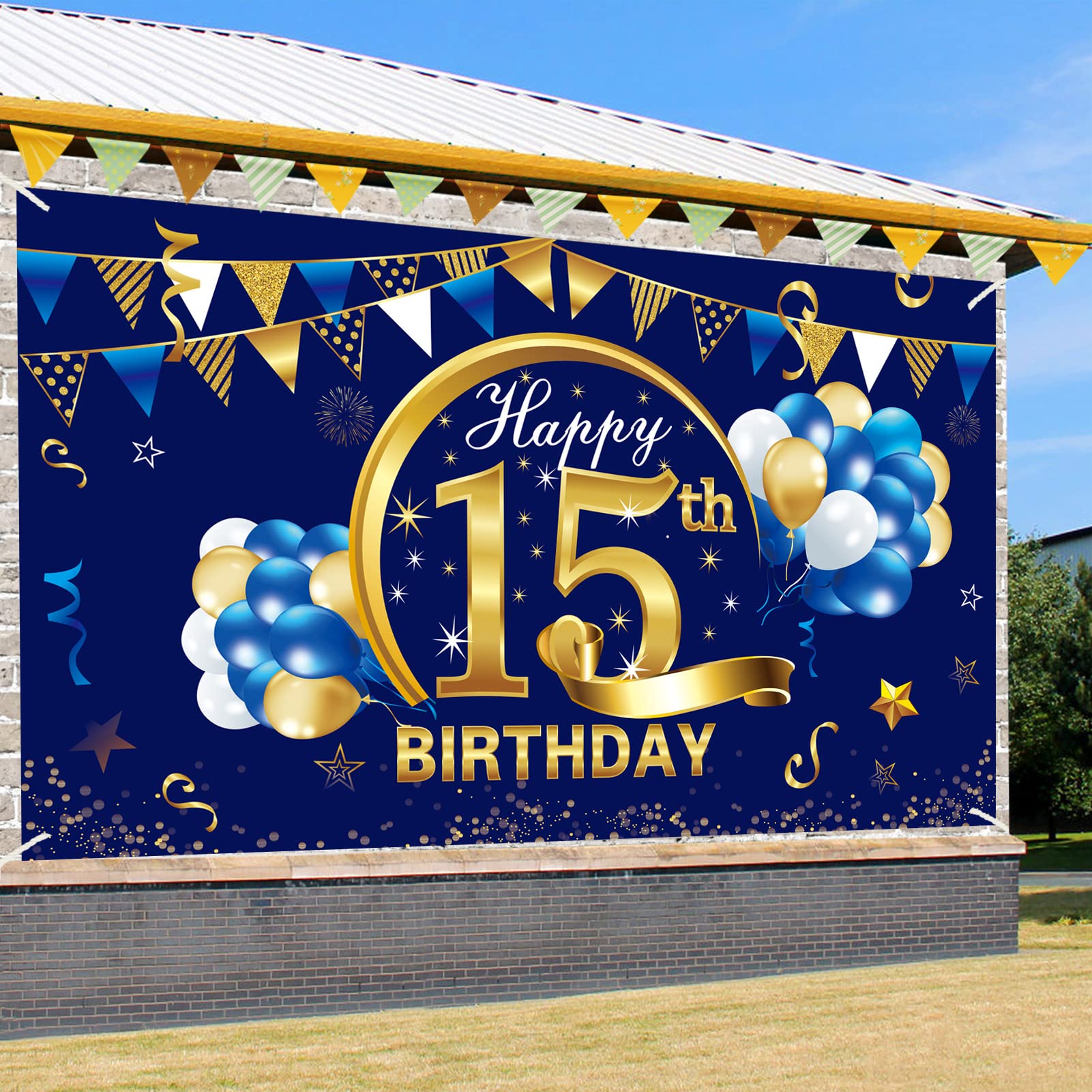 Happy 15Th Birthday Banner Decorations For Boy   Blue Gold 15 Birthday Backdrop Party Supplies   15 Year Old Birthday Photo Back