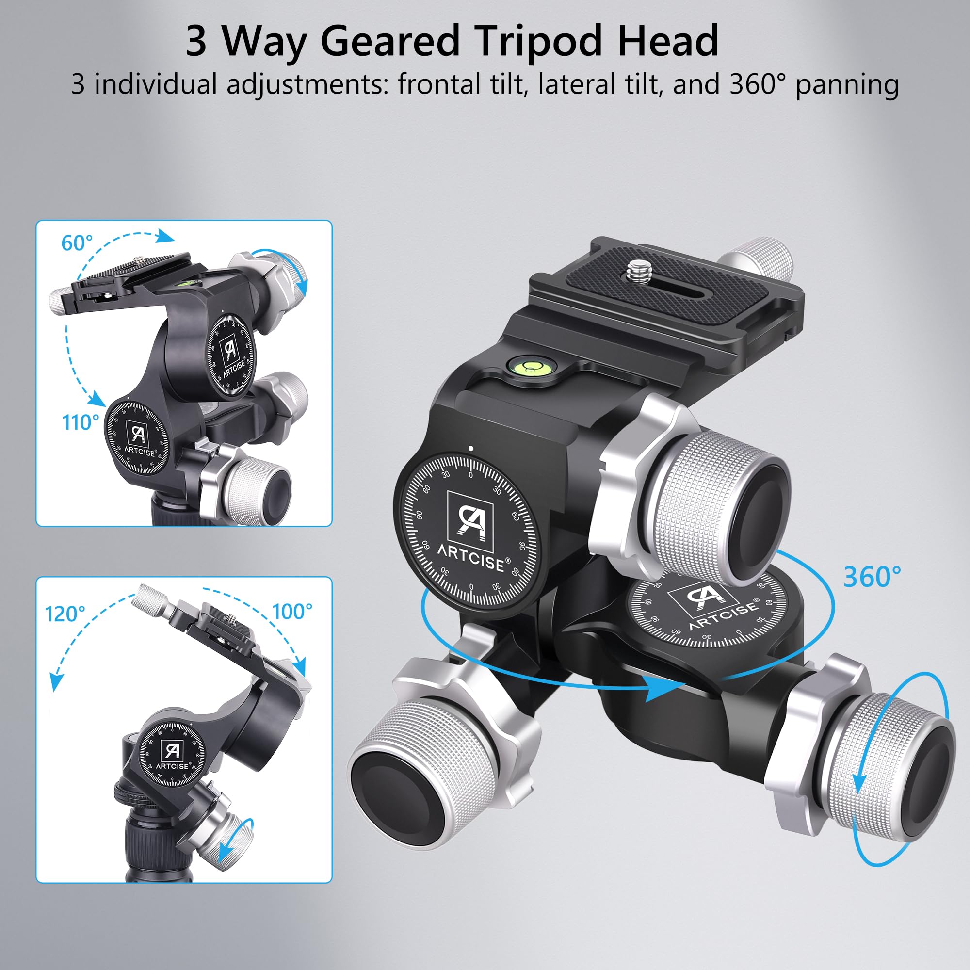 Artcise 3 Way Geared Tripod Head With Arca Type Qr Plate,Supports Millimeter Micro Adjustment, 3 Axis Pan/Tilt Fluid Head With Large/Fine Quick Switch Dual Mode, Max Load11Lb