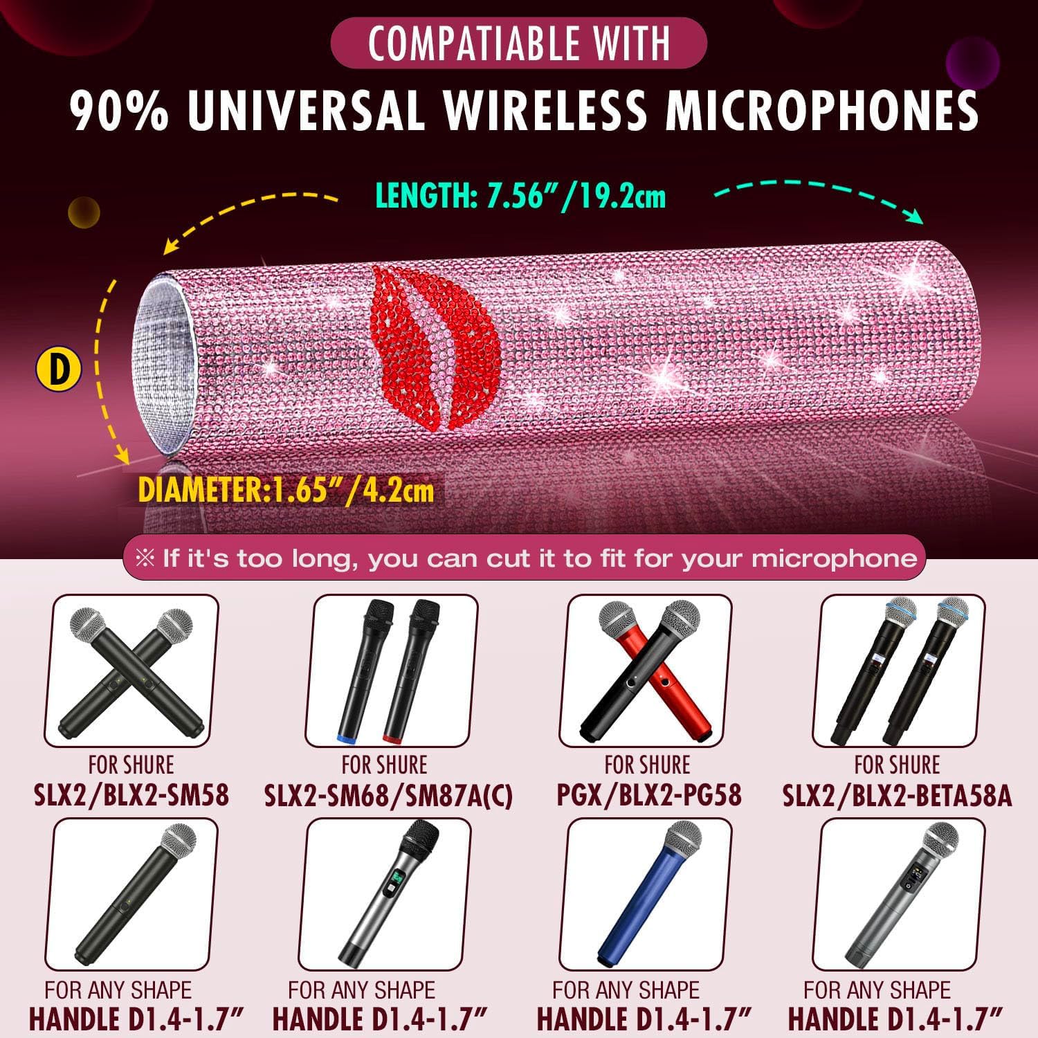 Facmogu Pink Rhinestones Handle Cover, Red Lips Glitter Mic Sleeve For Wireless Microphone, Sparkly Crystal Mic Cover Sleeve, Be