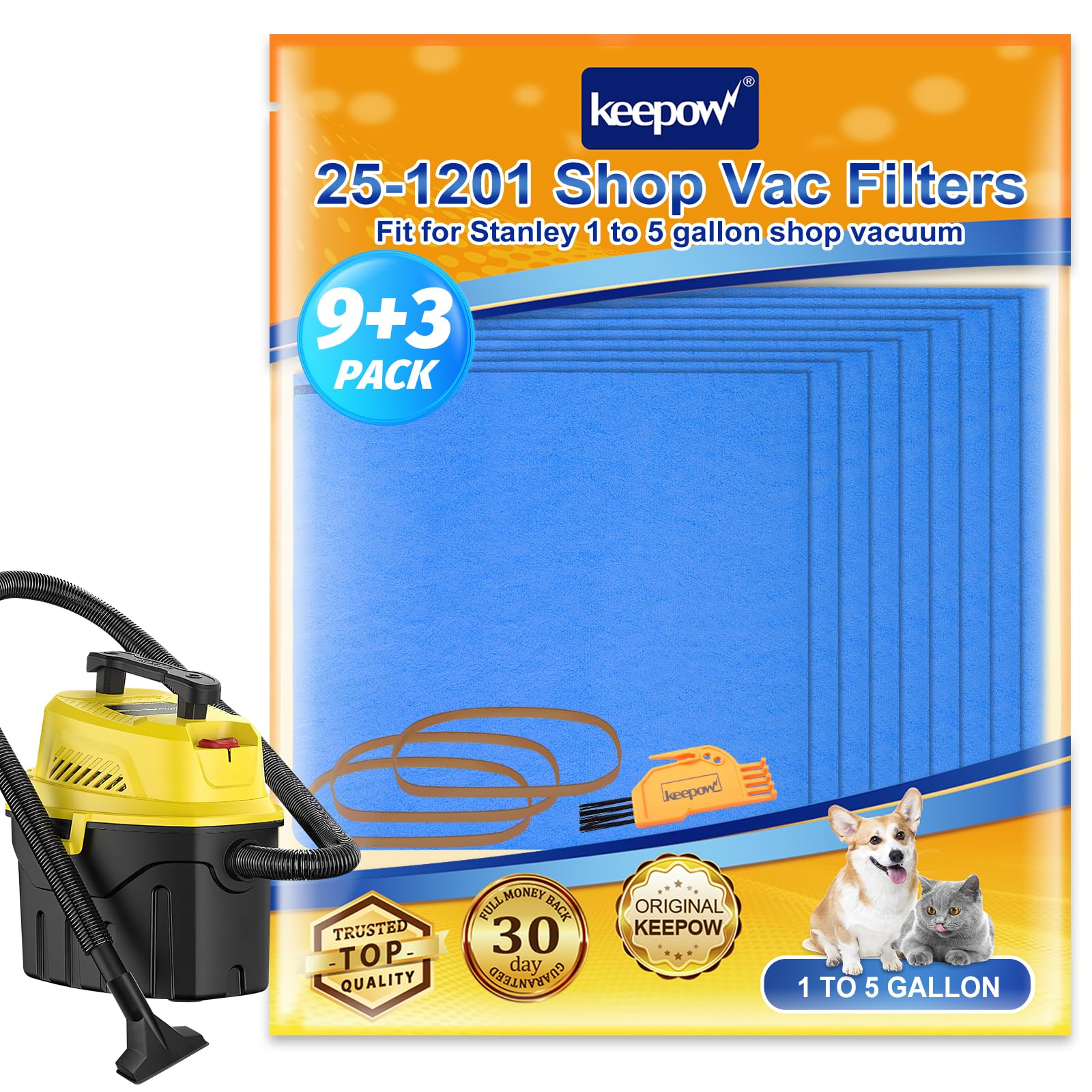 Keepow 25 1201 Reusable Dry Filters 9 Pack Compatible With Stanley 1 6 Gallon Wet/Dry Vacuums