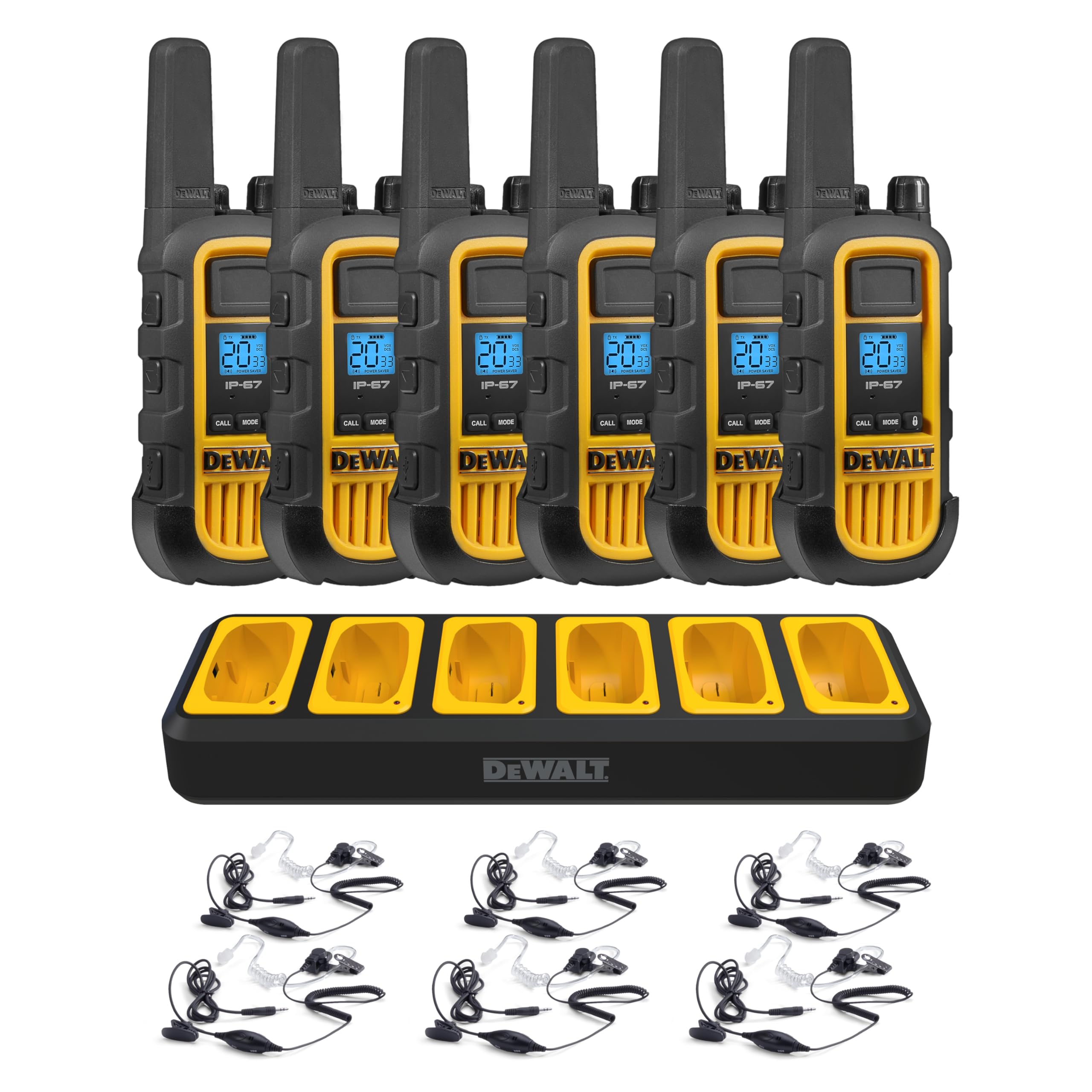 Dewalt Dxfrs800 Bundle 2W Walkie Talkies Heavy Duty Business Two Way Radios, 6 Pack With 6 Headsets Plus Gang Charger (Dxfrs800Bch6 Sv1)