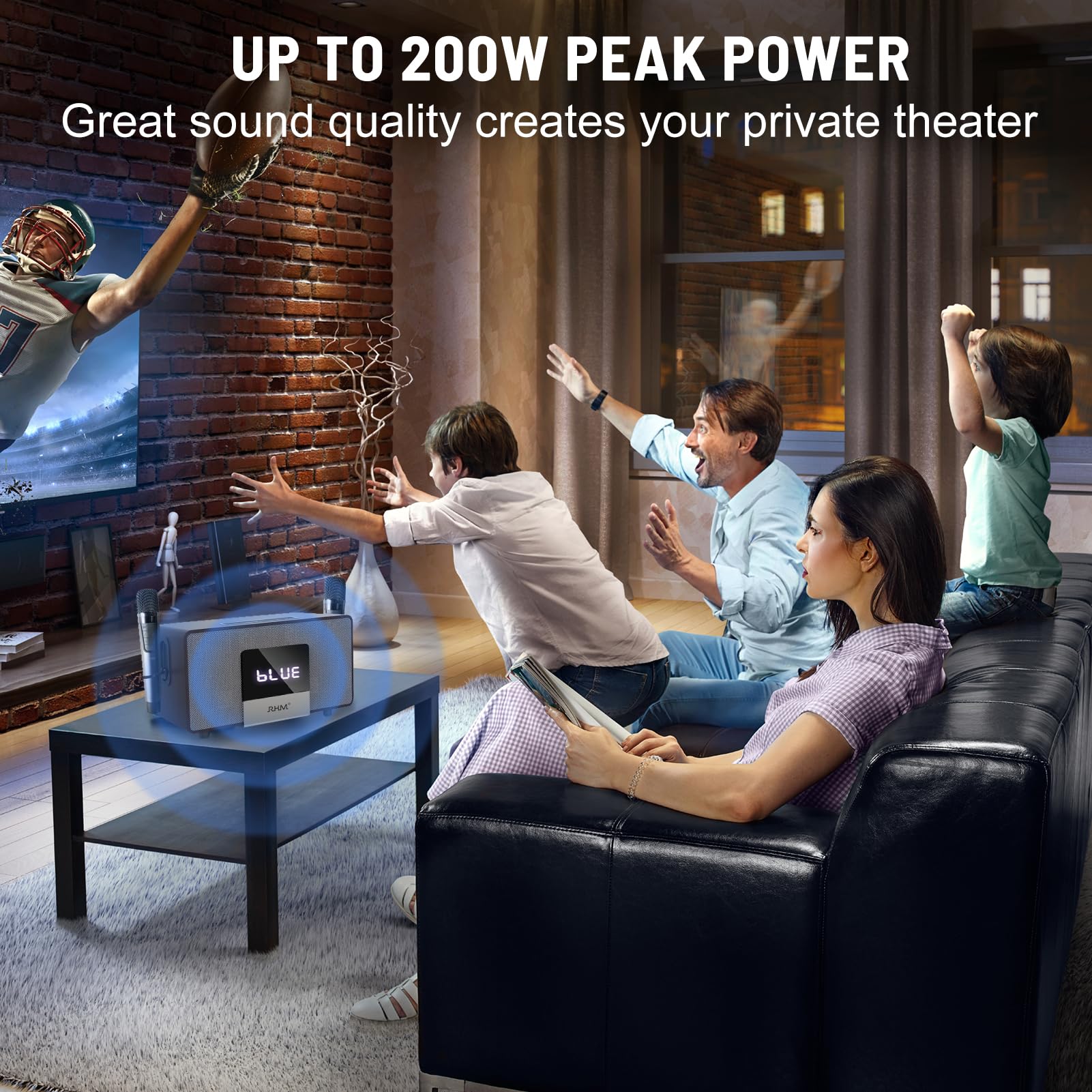 Rhm K222 Karaoke Machine With 2 Uhf Wireless Microphones & 5 Sound Modes, Support Optical/Bluetooth/Aux/Usb/Pc, Wooden Home Kara