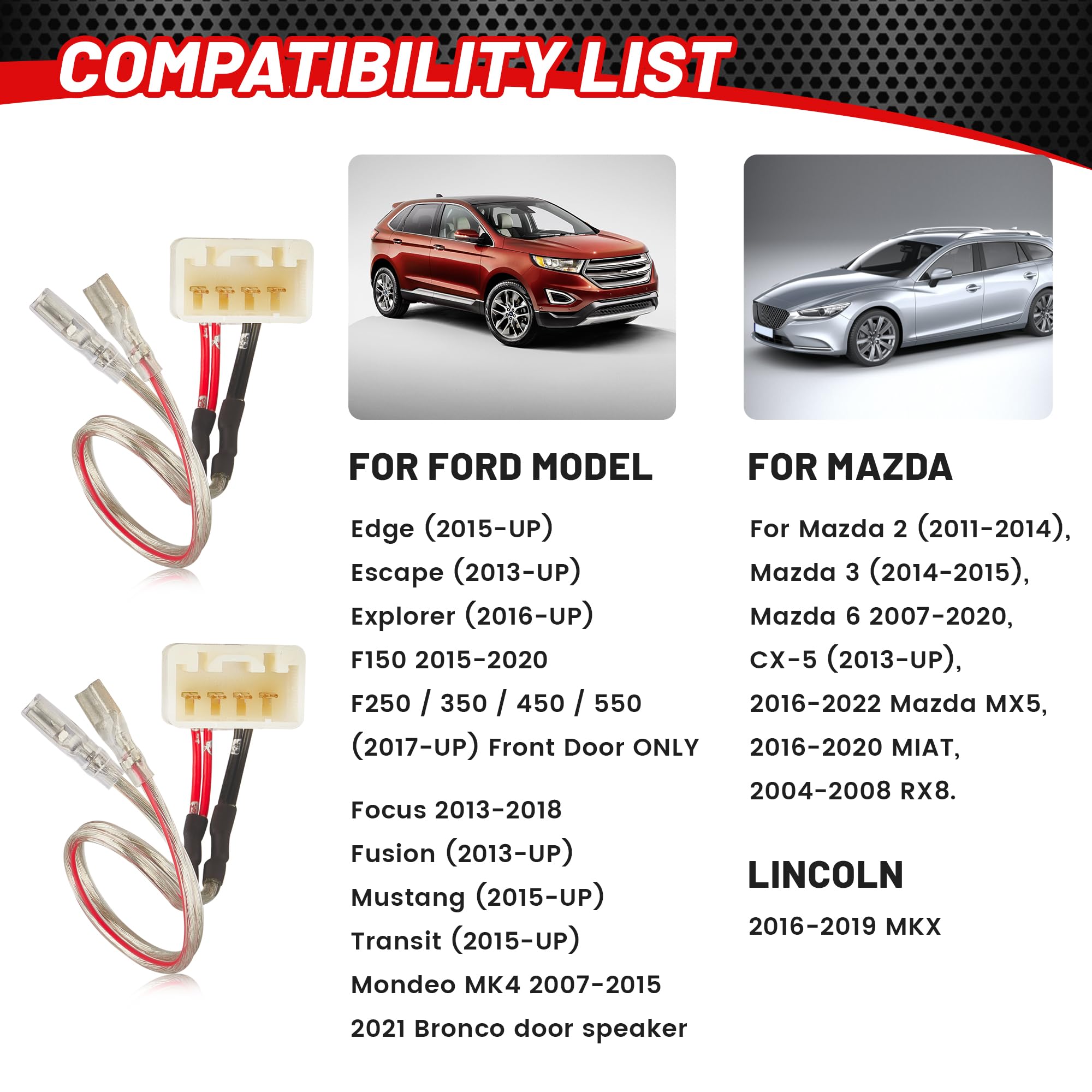 Red Wolf Front Rear Door Speaker Wiring Harness Adapter Connector Plug Replacement For Ford Focus Fusion Explorer Edge 2013 2021, Mazda 3 6 Cx5 2011 2020 For Aftermarket Speaker Install
