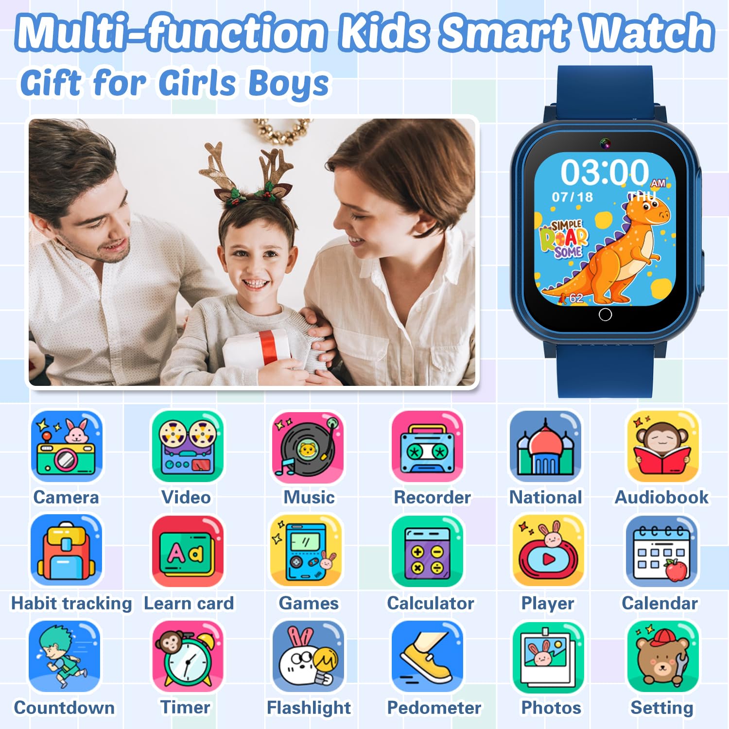 Waterproof Smart Watch For Kids Toys For Boys Age 5-12 With 32 Games, Dual Camera, Habit Tracking, Music Player, Video, Alarm Cl