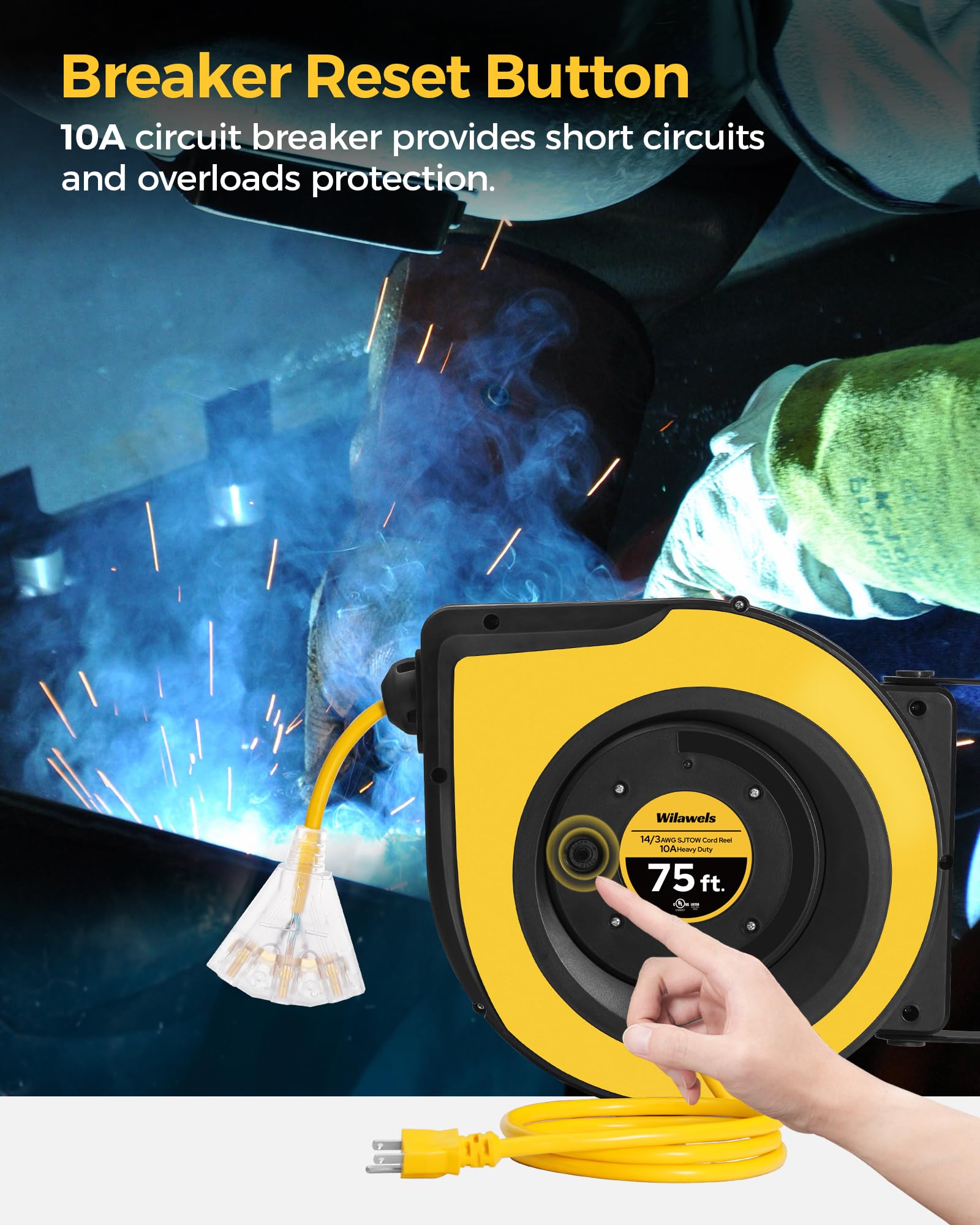 Wilawels Retractable Extension Cord Reel, 75 Ft Heavy Duty Cord Reel, 14Awg/3C Sjtow, 3 Grounded Outlets Lighted Triple Tap, 10A