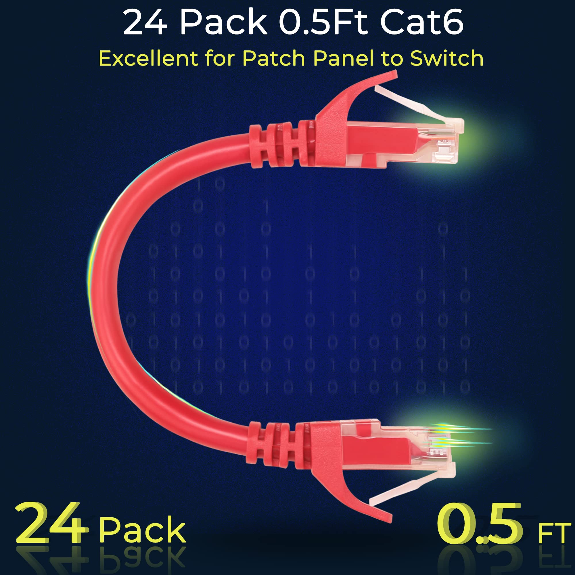 Rapink Patch Cables Cat6 0.5Ft (24 Pack), Ethernet Patch Cable 10G Support, Cat 6 Patch Cable For Patch Panel To Switch, Flexiable Cat 6 Ethernet Cable With Gold Plated Red