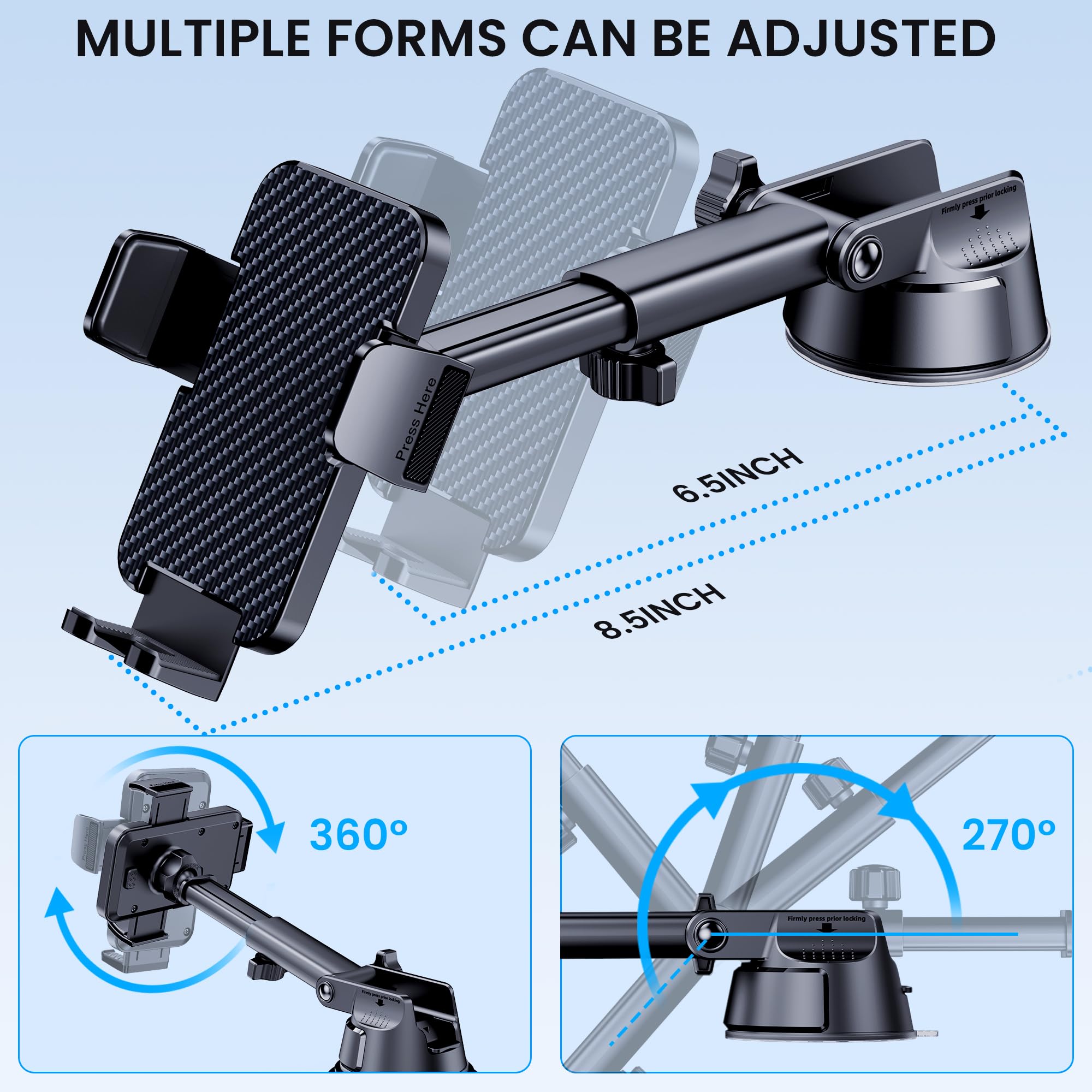 Phone Holder Car [Military Grade Suction Ultra Strong Base] Cell Phone Car Holder 3 In 1 Phone Mount For Car Dashboard Windshiel