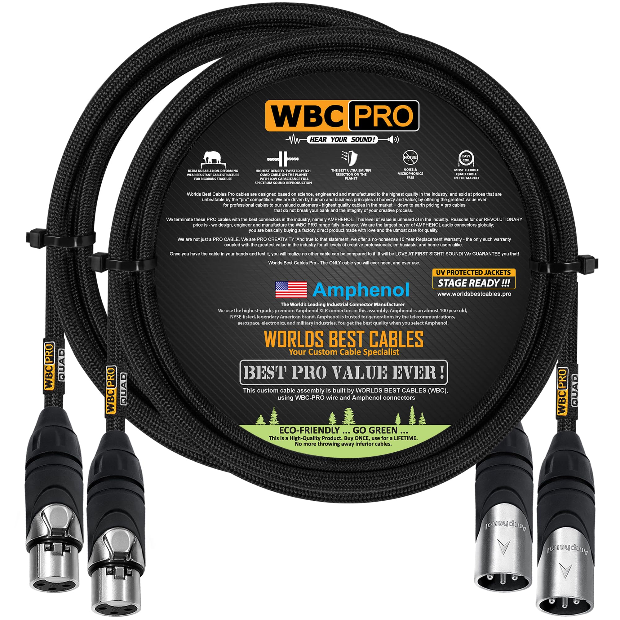 2 Units   6 Foot   Wbc Pro Quad Ultra Silent Ultra Flexible Balanced Star Quad Cable With Amphenol Male & Female Xlr Plugs & Bla