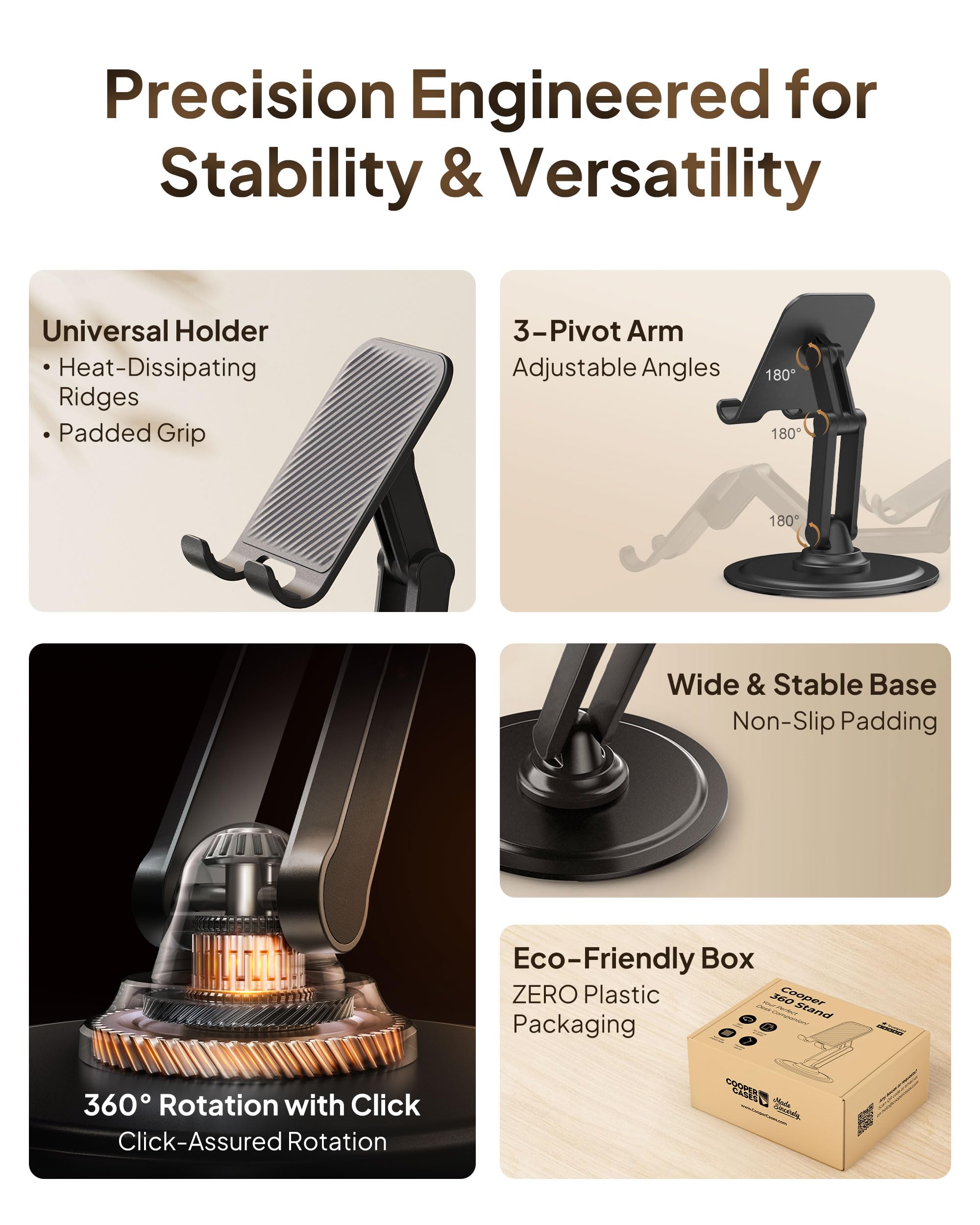 Cooper 360 Stand, Rotating Cell Phone Stand For Desk | Sturdy Metal Base, Foldable, Portable | Cell Phone Holder For Desk (Piano