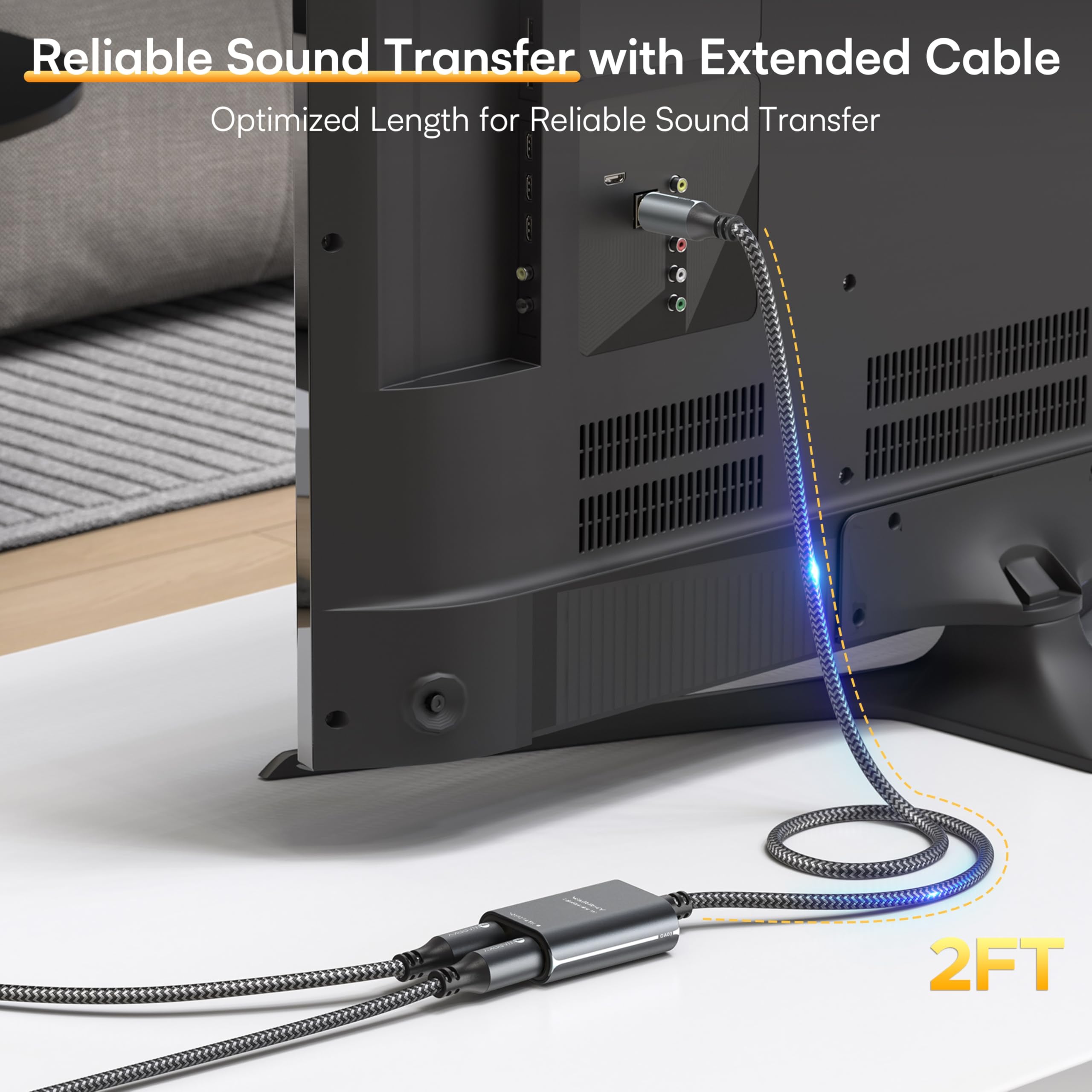 Warrky Optical Splitter, 1 In 2 Out Optical Splitter 2Ft [Aluminum Shell, Gold Plated] Toslink Splitter For Lpcm 2.0, Dolby, Dts