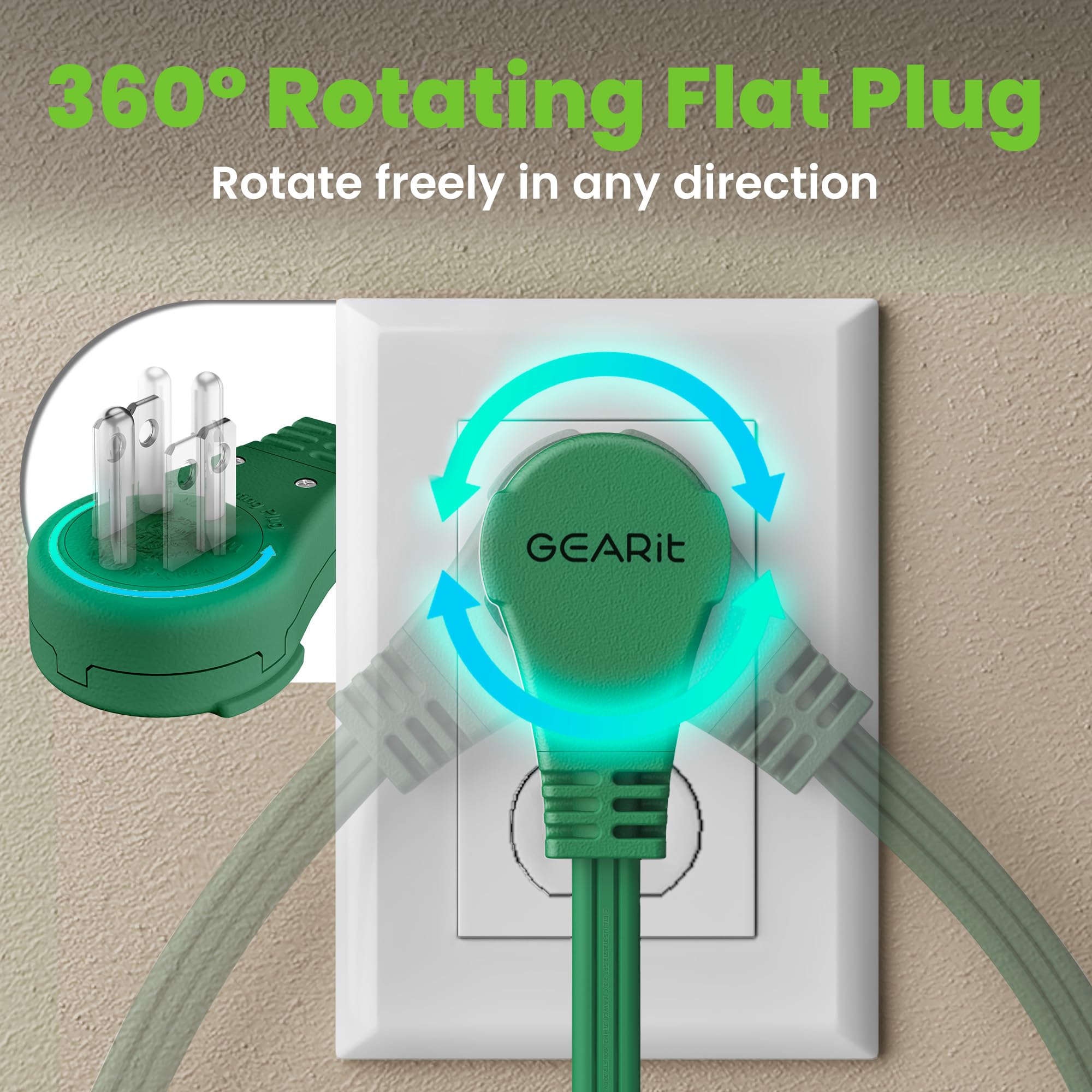 Gearit 360 Rotating Flat Plug Short Extension Cord With 3 Outlets (2Ft, Green) 16Awg/13A 3 Prong Wire, Outlet Saver For Home Off
