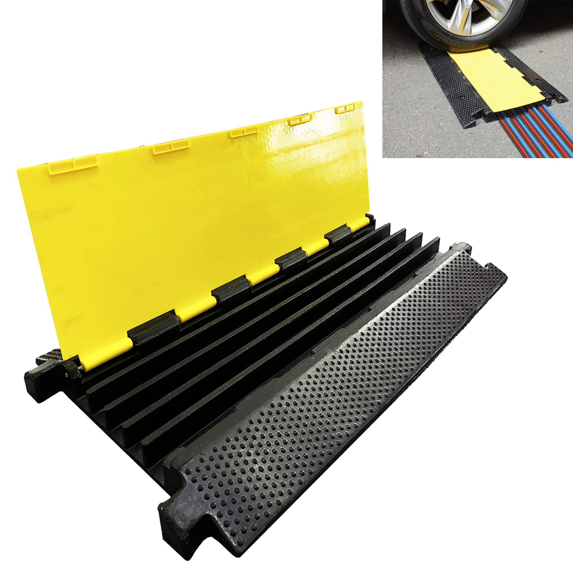 Reliancer 5 Channel Rubber Cable Protector Ramp Traffic Speed Bump 18000Lbs Capacity Heavy Duty Cable Protective Cover Ramp Driv
