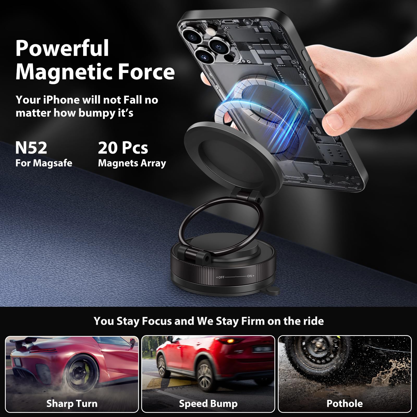 Jiunai Car Phone Holder For Mag Safe Suction Cup Mount Strong Magnets Fold Rotate Spin Magnetic Phone Holder Stand Hands Free Tr