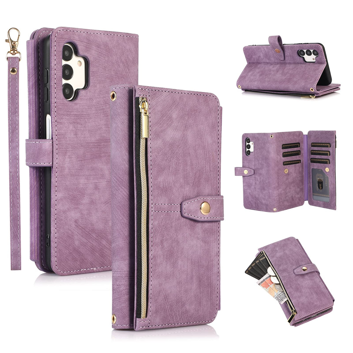 Ueebai Case For Samsung Galaxy A13/A04S, 9 Card Slots Retro Leather Wallet Flip Cover For A13 5G/4G With Hand Strap Card Slots Z