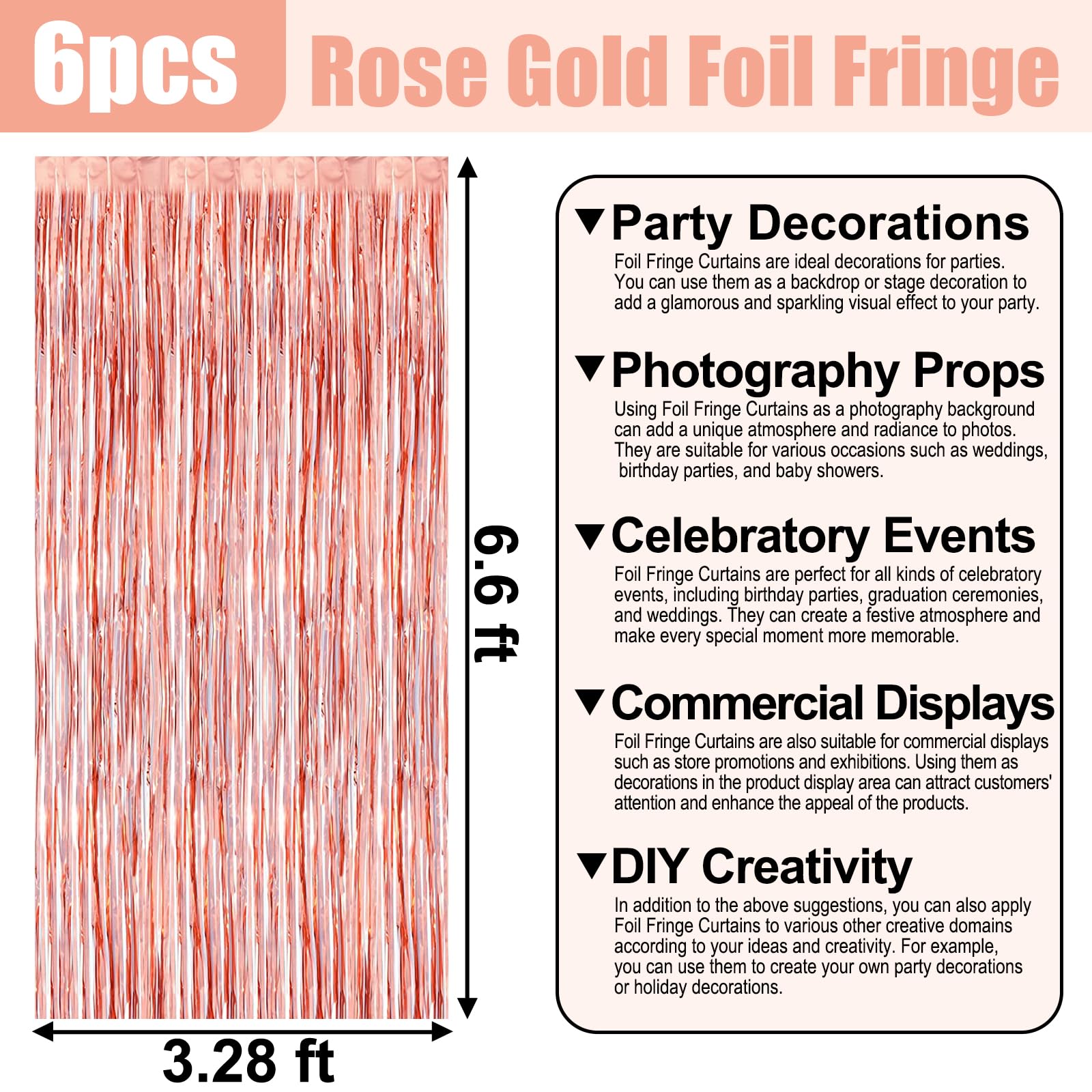 6 Pack Rose Gold Foil Fringe Curtain Backdrop, 3.28Ft X 6.6Ft Metallic Tinsel Foil Fringe Streamer Curtains For Photo Booth, Chr
