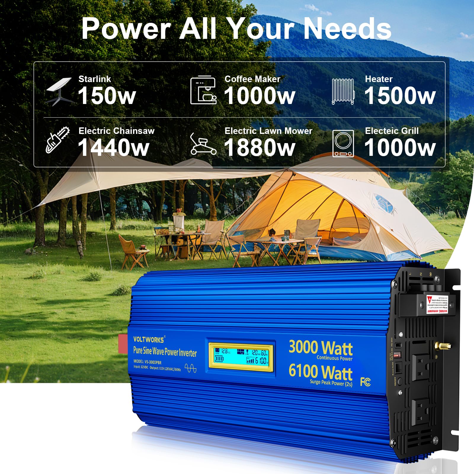 3000 Watt Pure Sine Wave Power Inverter 3000W 12V To 110V 120V Ac, 6000W Surge Peak Power For 2 Seconds, Ul Fuses, Compatible Wi