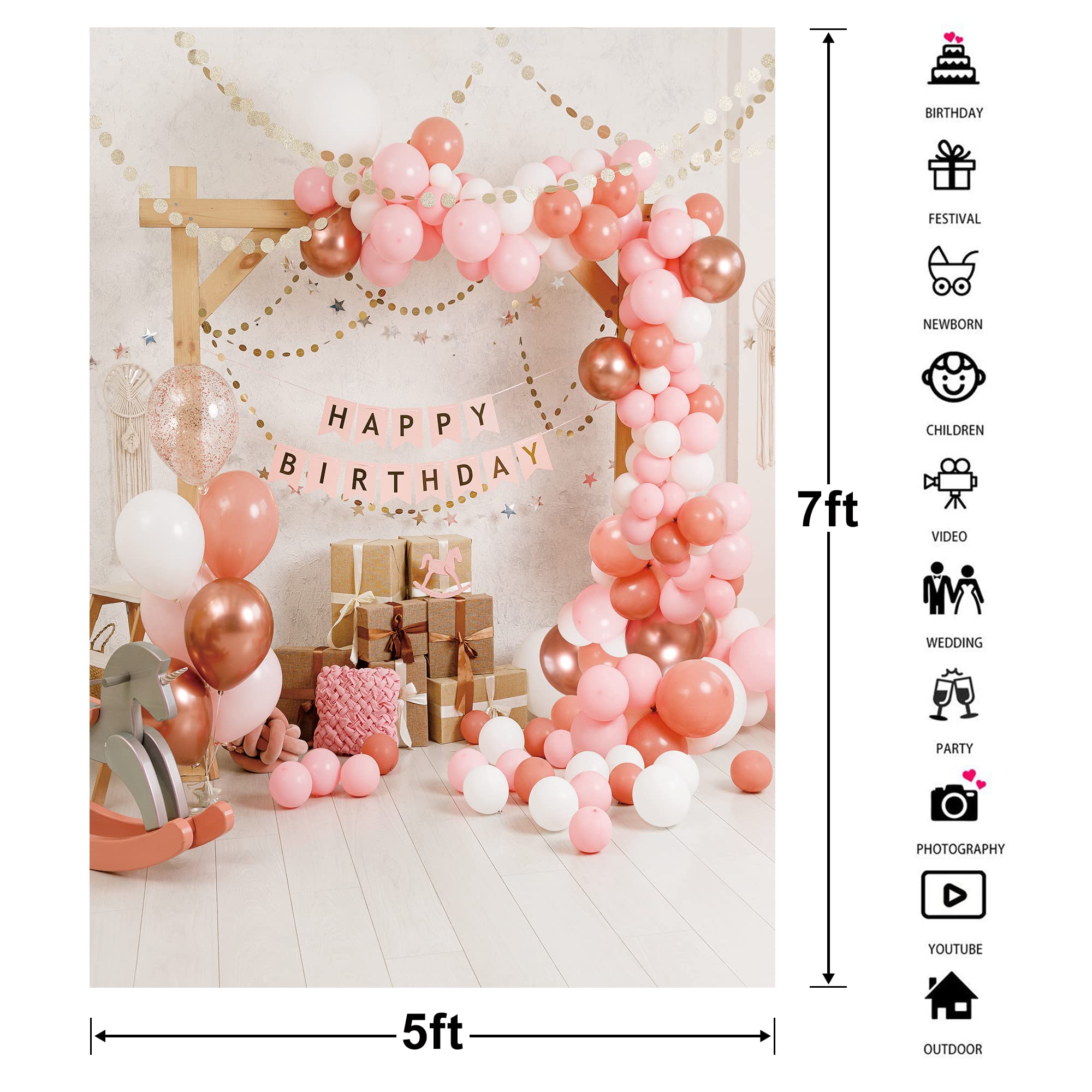Imirell First Birthday Baby Girl Backdrop 5Wx7H Feet Cake Smash Pink Balloon Present Sweet Princess Little Girl 2Nd Birthday Photography Backgrounds Decorations Banners Photo Shoot Decor Props Fabric