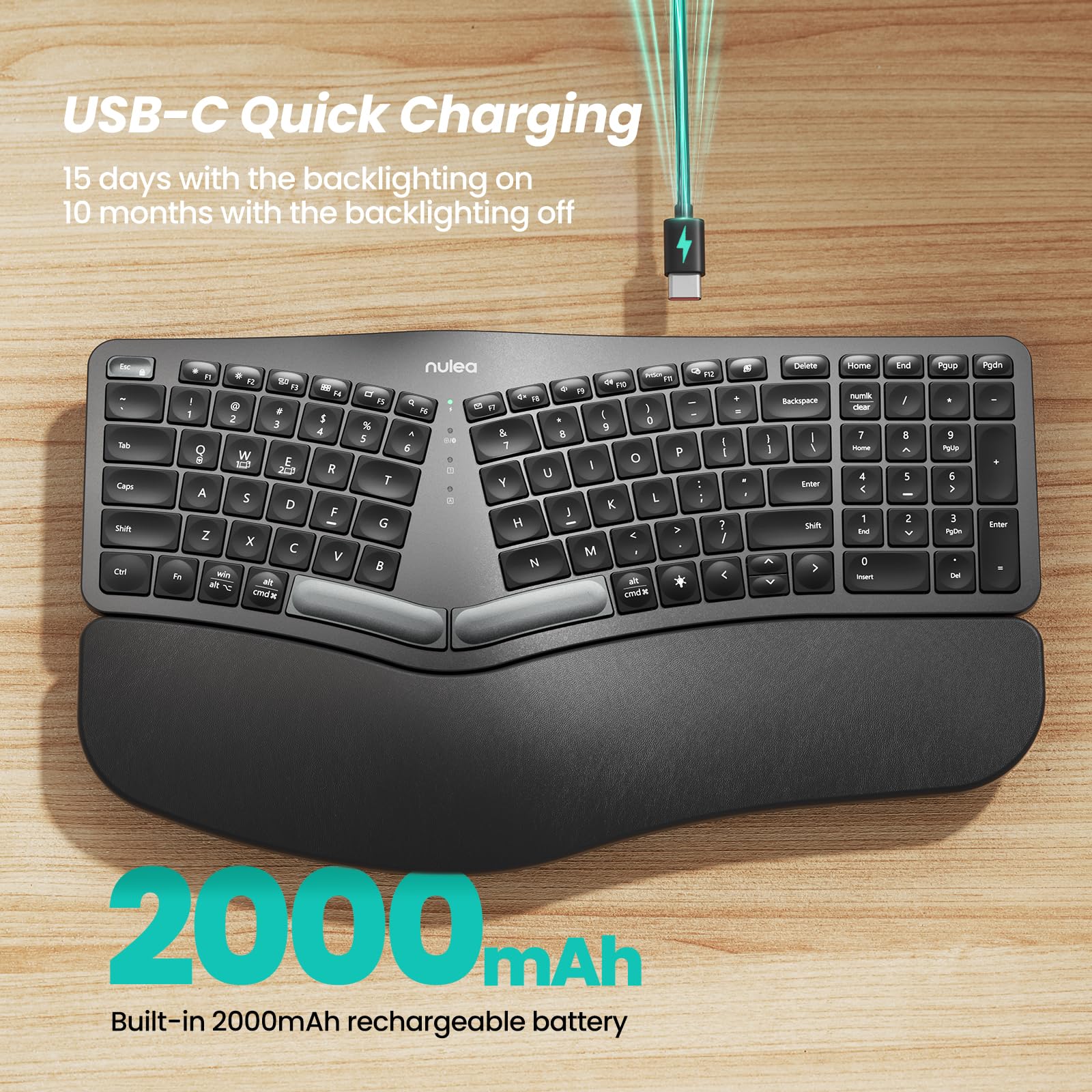 Nulea RT05 Wireless Ergonomic Split Keyboard with Wrist Rest, USB-C, 7-Color Backlight, Bluetooth & USB, Silver