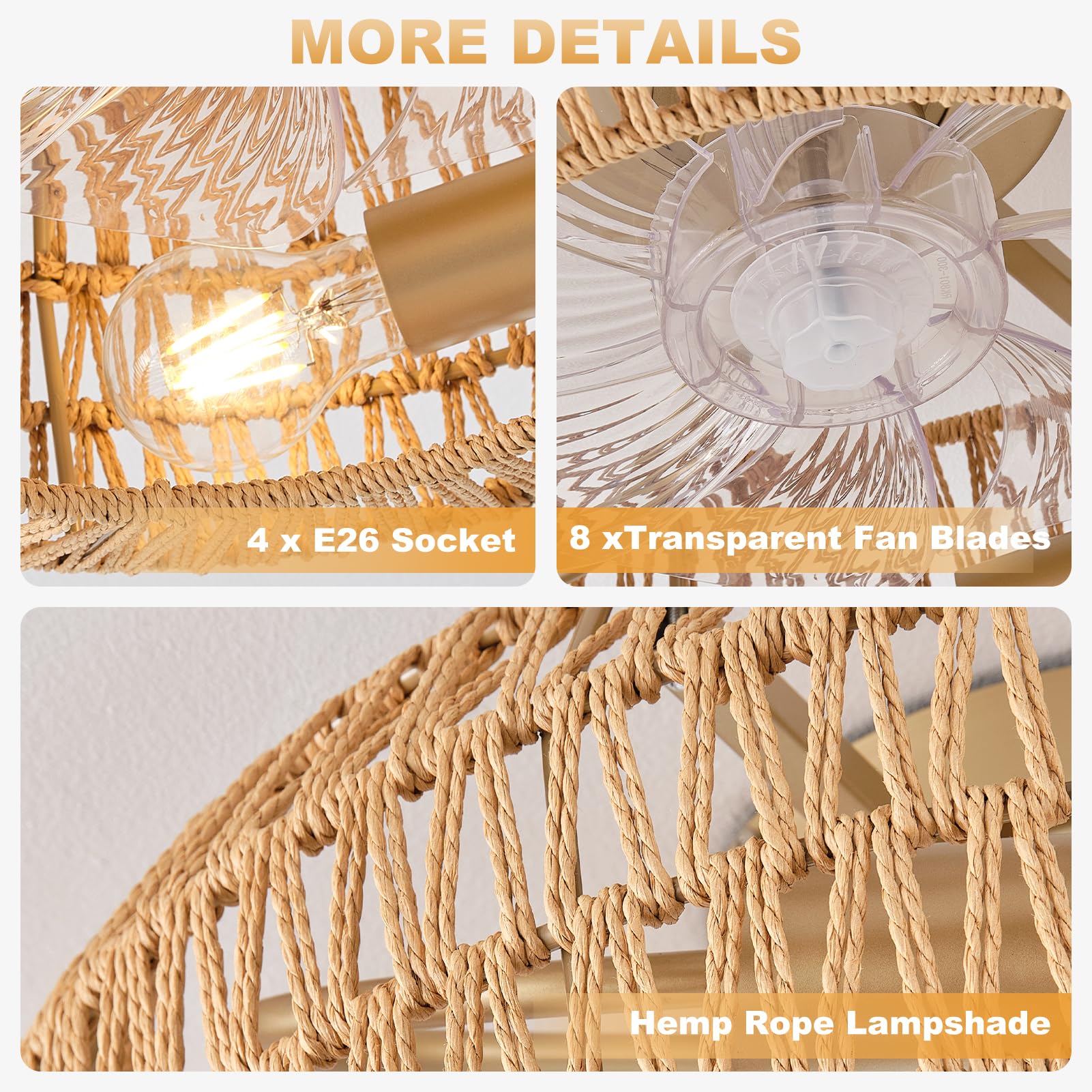 Oiotwo 19 Inch Boho Caged Ceiling Fans With Lights, Low Profile Ceiling Fan And Remote Fandelier Fan Light For Bedroom Living Ro