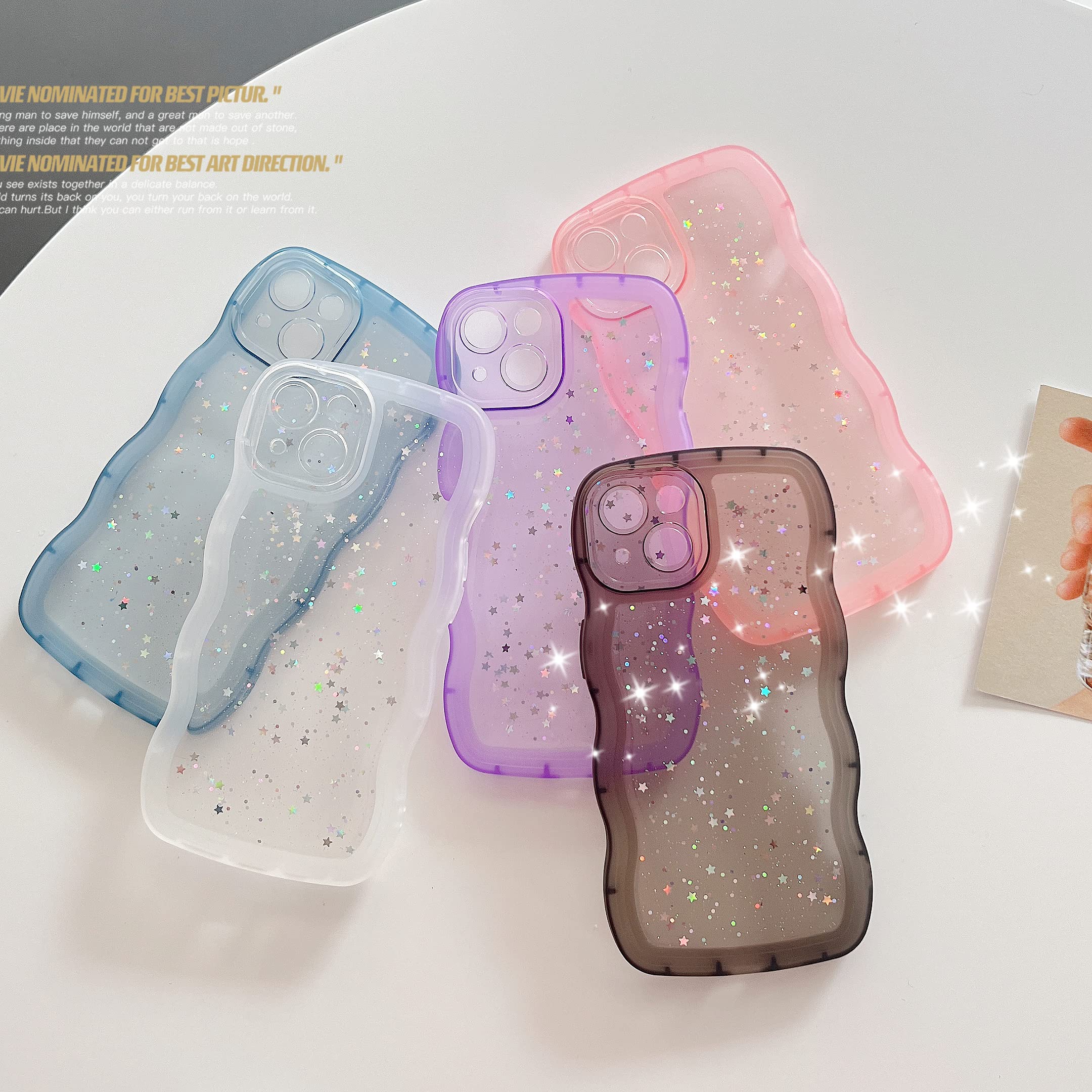 Qokey For Iphone Xr Case 6.1 Inch Curly Wave Edge Design Transparent Bling Glitter Star Shiny Case Cute Clear Transparent Full P