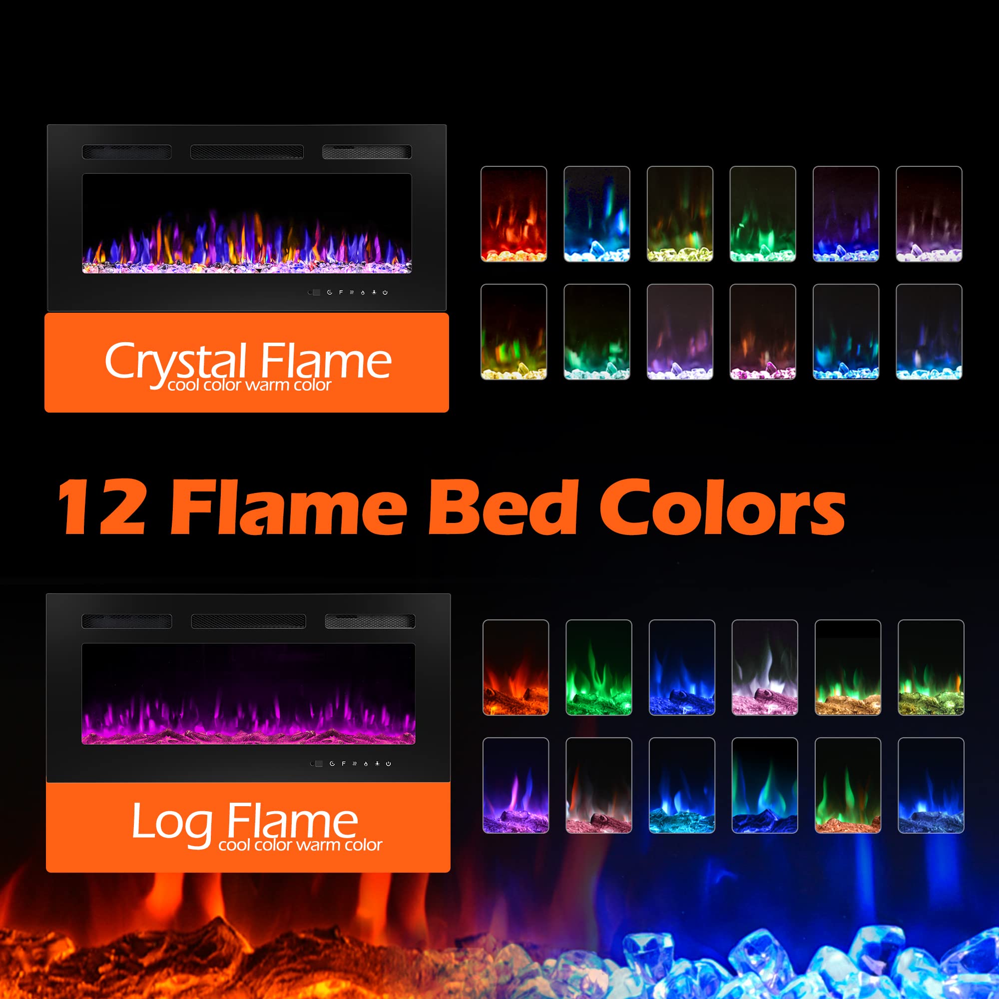 Betelnut 36 Electric Fireplace Wall Mounted And Recessed With Remote Control, 750/1500W Ultra-Thin Wall Fireplace Heater W/Timer