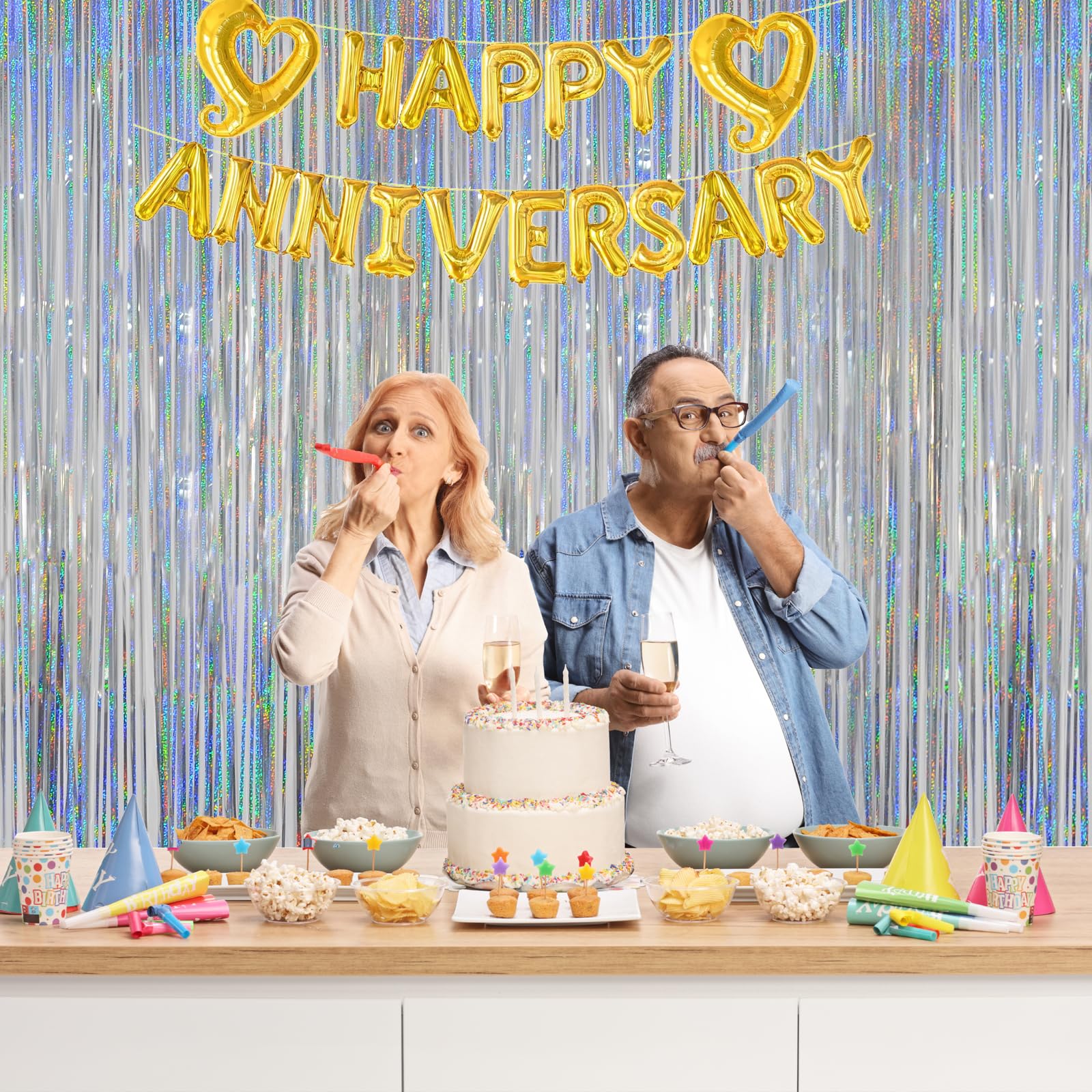 Melsan Silver Foil Curtain Tinsel Backdrop, 3.2 Ft X 8 Ft Tinsel Foil Fringe Curtains Backdrop, Sparkle Metallic Foil Curtains F