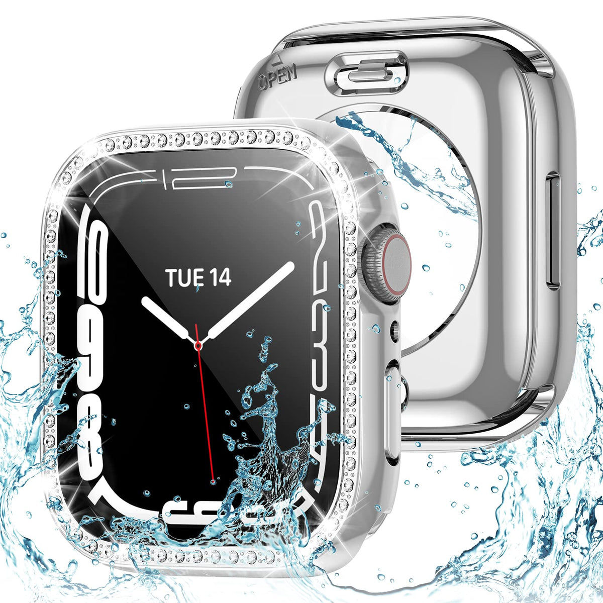 2 In 1 Bling Waterproof Case For Apple Watch Series 8 7 45Mm, 360 Protective Pc Cover Front & Back Bumper With Tempered Glass Sc