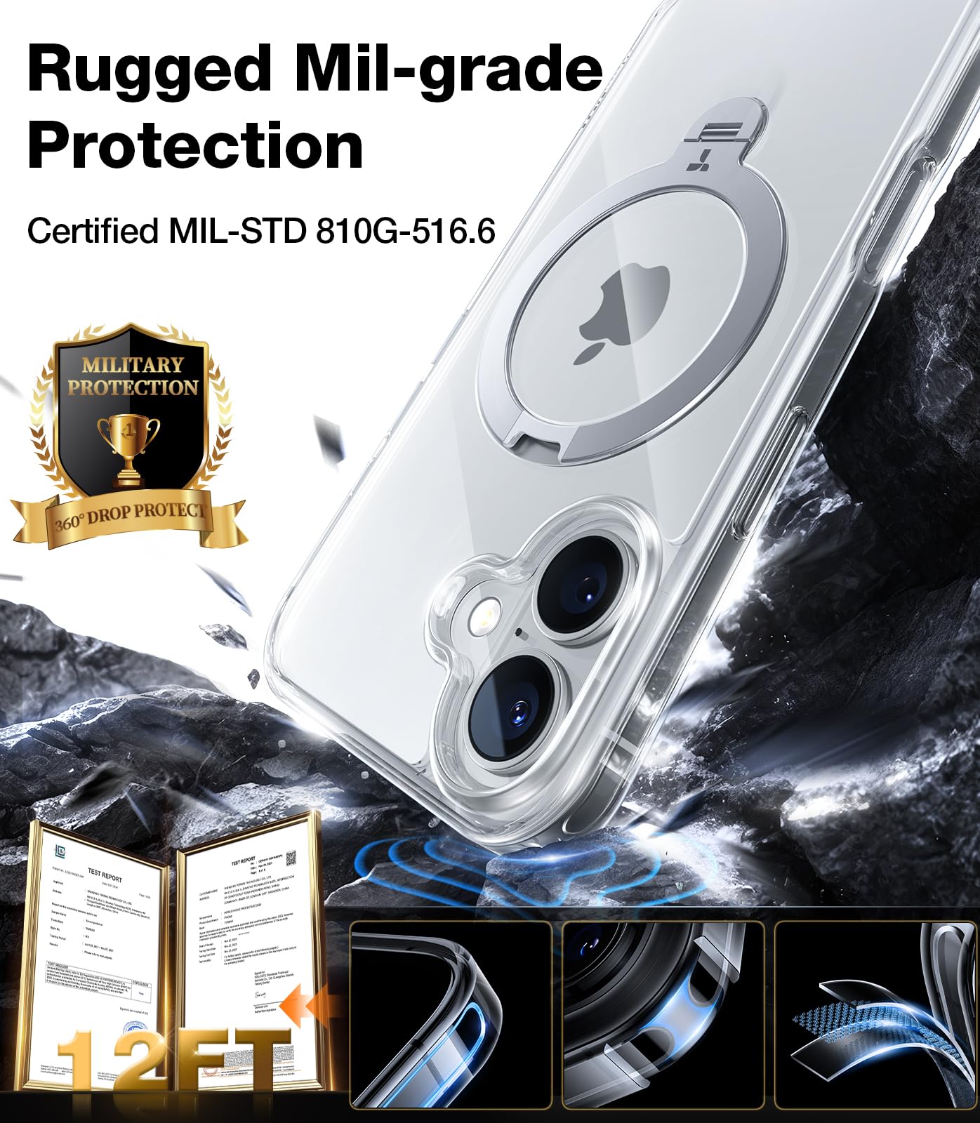 Torras 360 Spin Magnetic Stand For Iphone 16 Case 6.1 Inch, Compatible With Magsafe, 12Ft Military Grade Protection, Shockproof