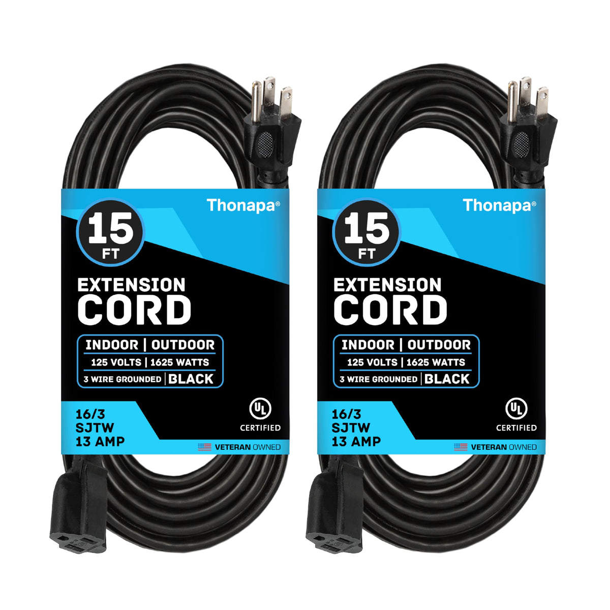 Thonapa Weatherproof Black Extension Cord 15 Ft, 2 Pack, 16/3 Christmas Light Extension Cord Outdoor 15 Foot 3 Prong, 16/3 Sjtw