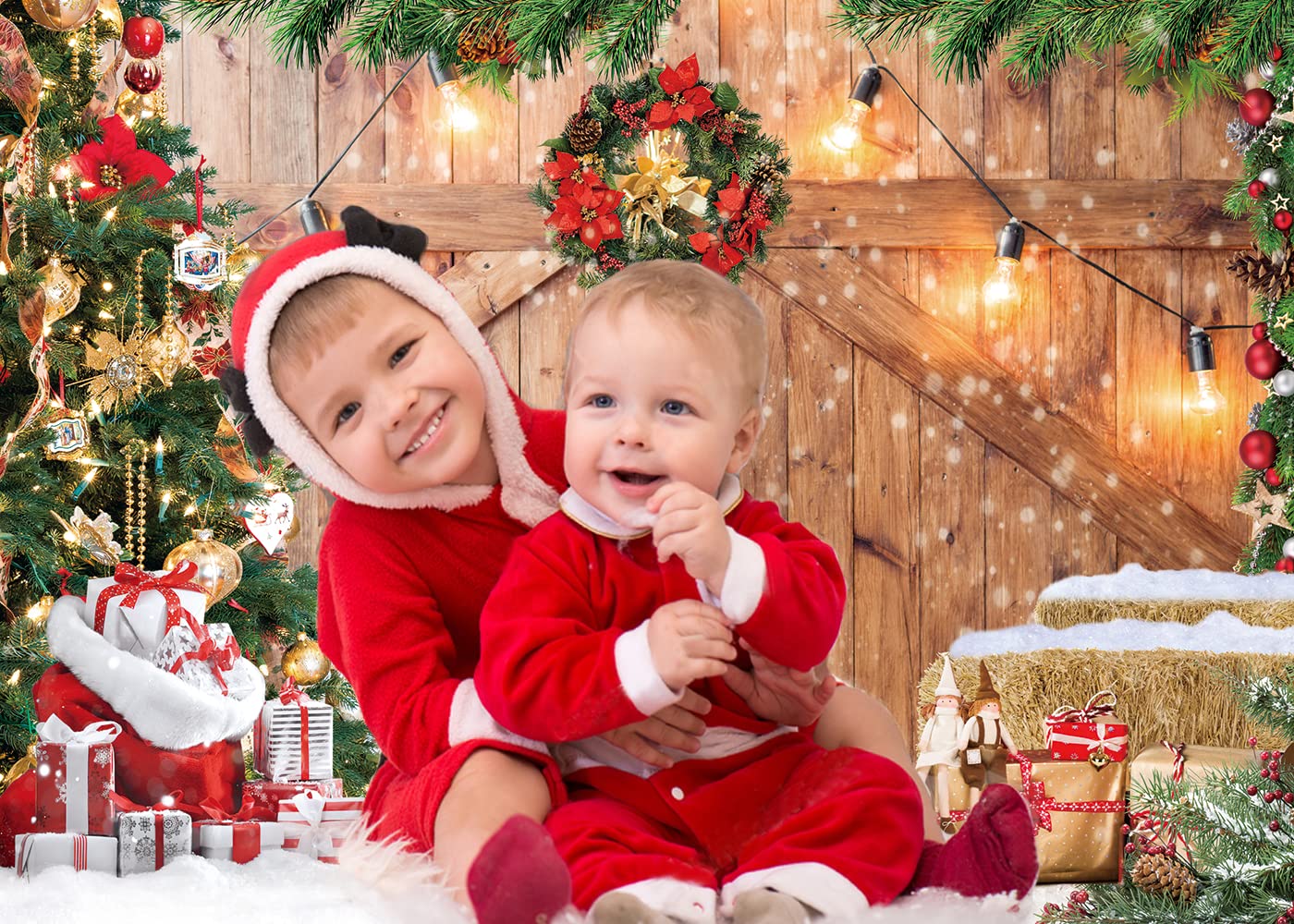 Cylyh 7X5Ft Christmas Barn Wood Door Photography Backdrop Xmas Tree Snow Gift Wall Floor Party Photo Background For Holiday New