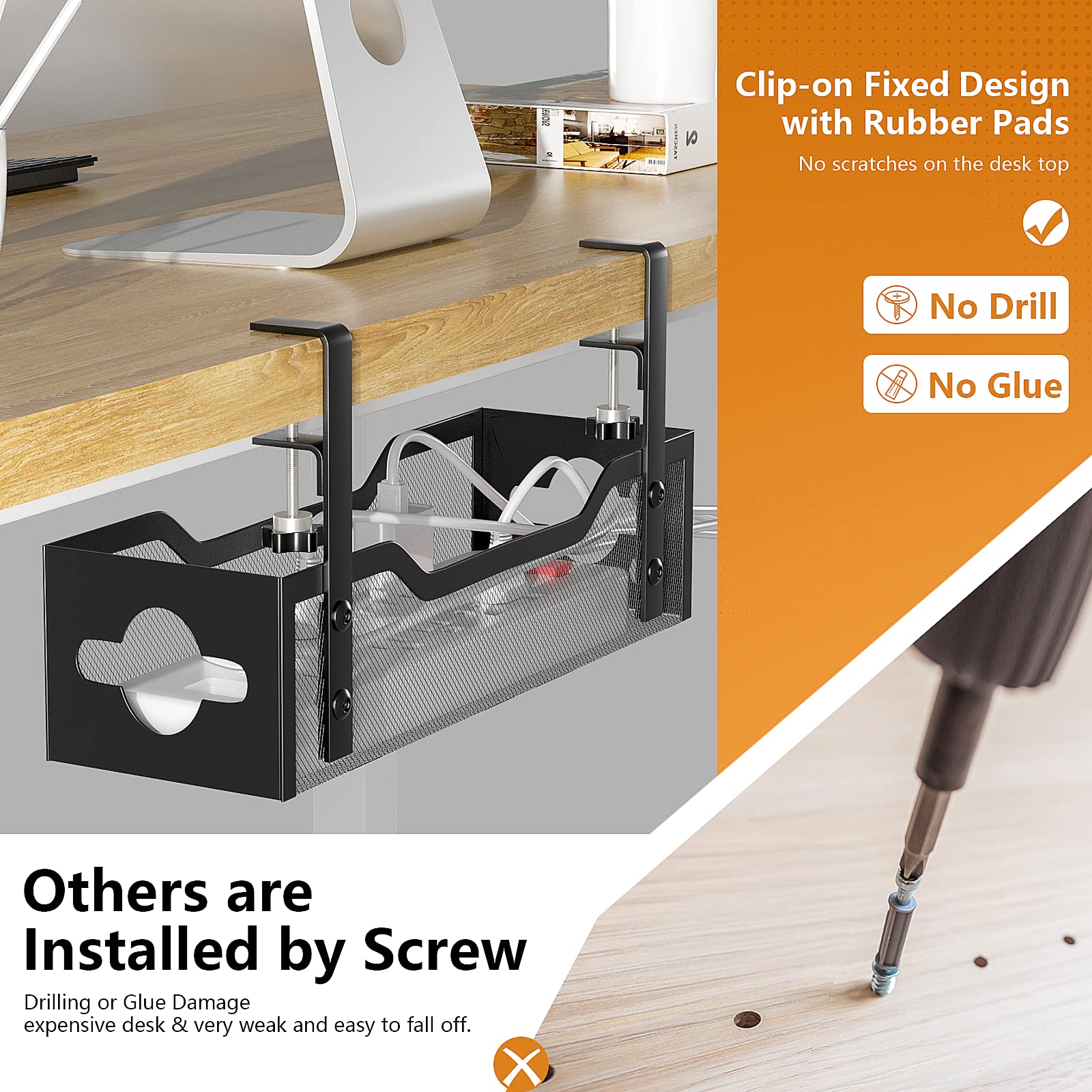 Quszmd Under Desk Cable Management Tray - Black, 13.38, Easy Install, No Damage to Desk, Cord Organizer for Standing Desks