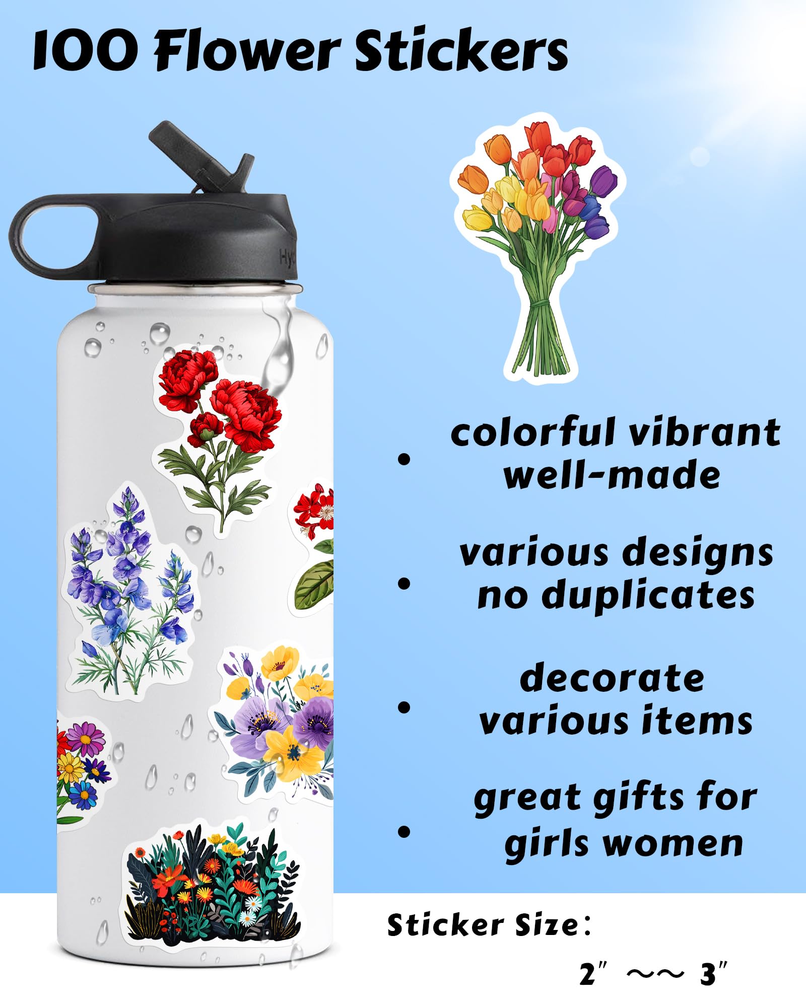 100 Pcs Flower Stickers Aesthetic Floral Stickers, Cute Stickers Flower Decor Flower Party Gifts For Kids Girls Women, Waterproo
