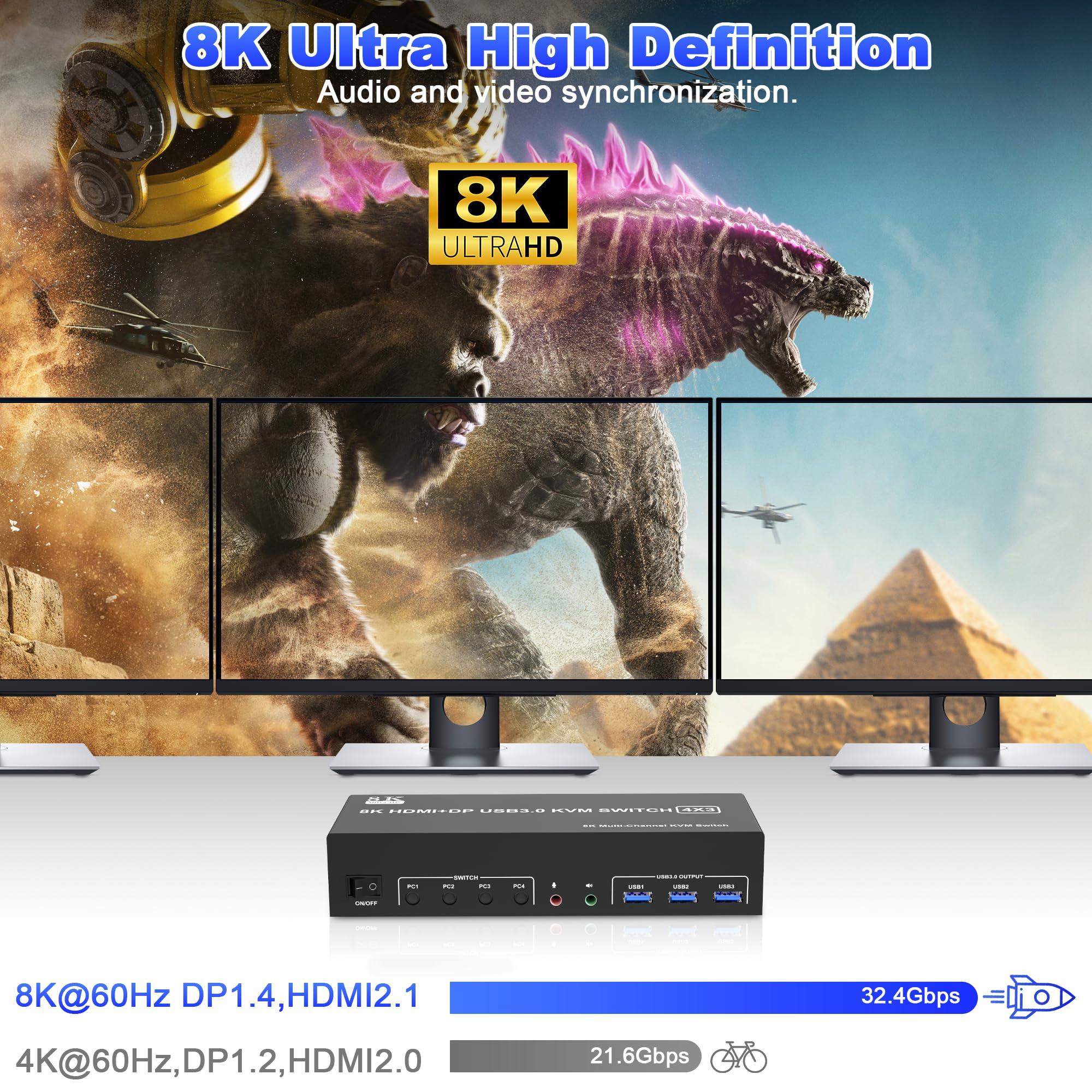 8K@60Hz Usb3.0 Kvm Switch 3Monitors 4Computers 4K@144Hz, 2 Displayport +1 Hdmi Triple Monitor Kvm Switch For 4Pc With Audio And