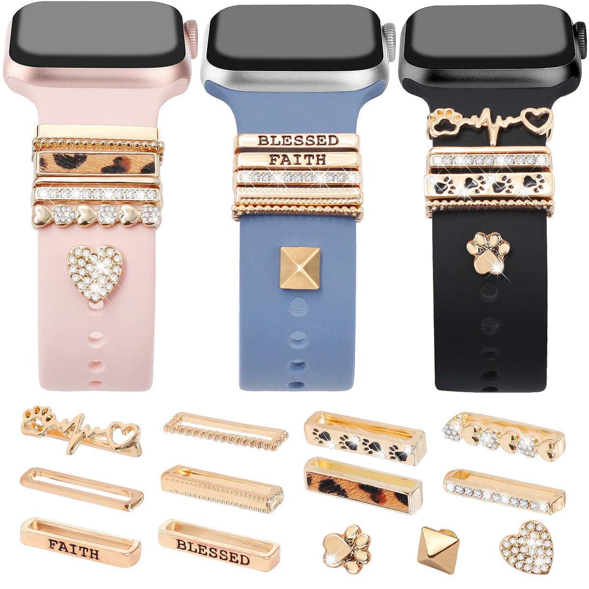 Jr.Dm 13 Pcs Gold Watch Band Charms With 10 Pcs Decorative Rings Loops 3 Pcs Decoration, Compatible With Apple Watch Band Metal