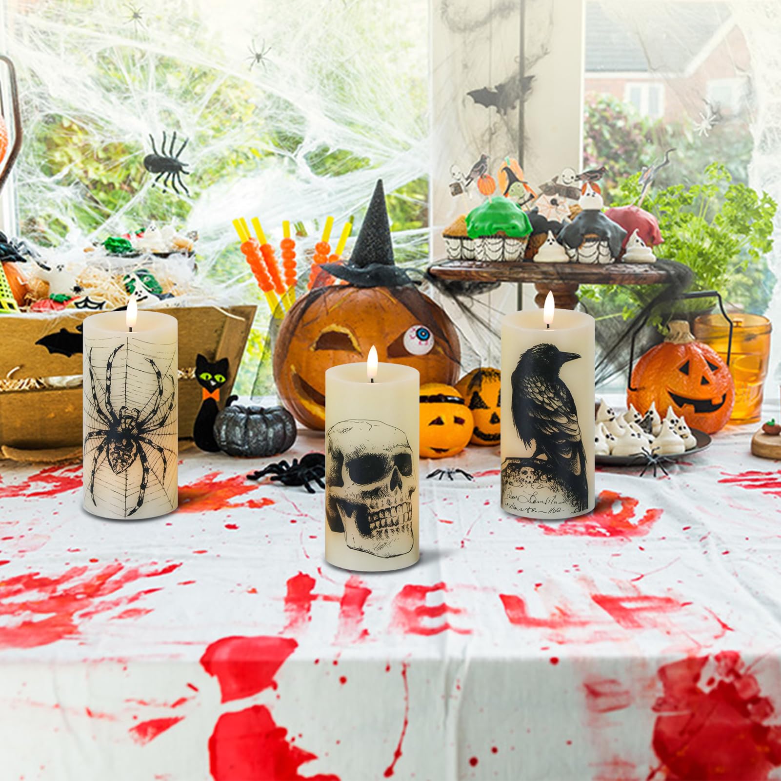 Lasumora Halloween Flameless Pillar Candles With Remote Timer   Skull, Spider Web, Crow Raven Decals Set Of 3, Battery Operated