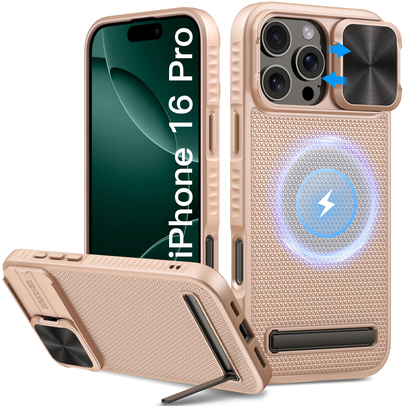 Vihibii For Iphone 16 Pro Magnetic Case With Stand, [Compatible With Magsafe], Slide Camera Cover, Military Grade Drop Protectio