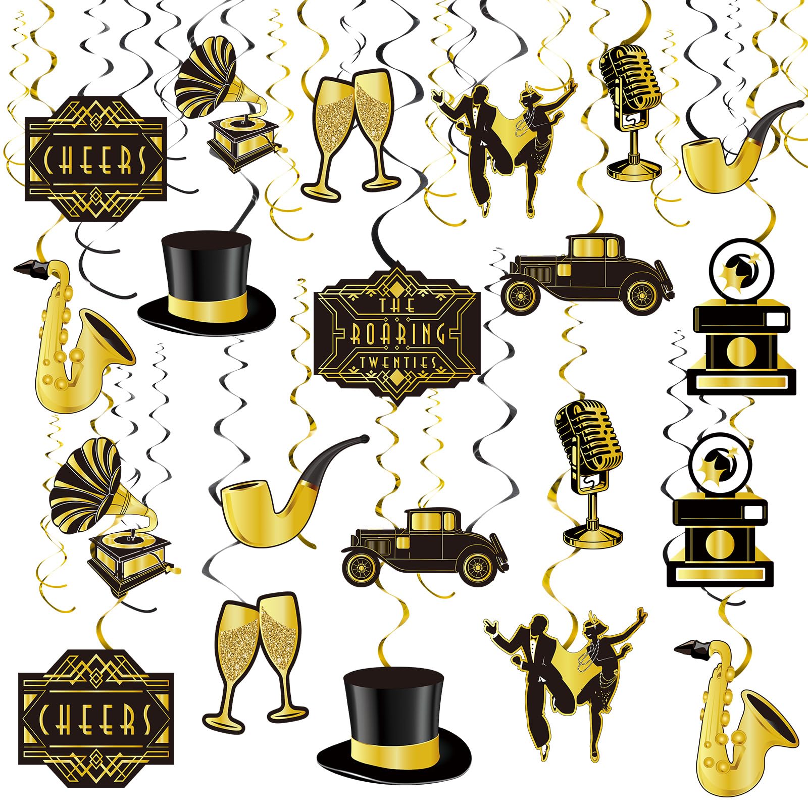 30 Pieces Roaring 20S Swirls Party Decorations, Black Gold Birthday Party Hanging Spirals Streamer Retro Decor For Anniversary B