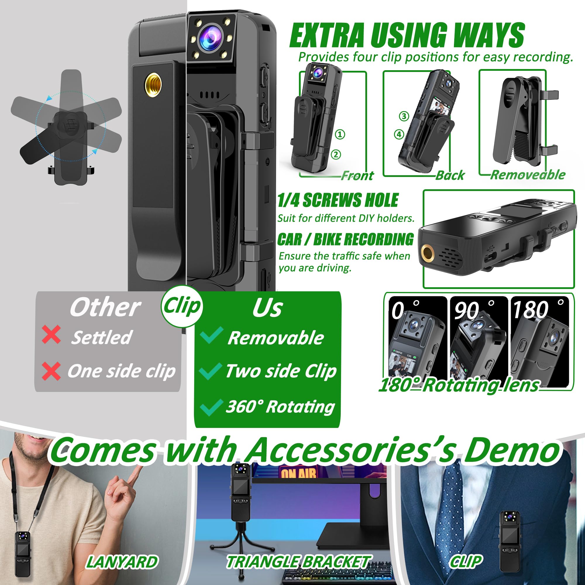 Body Camera With Audio And Video Recording, Unltra 4K Body Cam With 180 Rotating Lens, 6Hr Battery, Ir Cut Auto Night Vision, 12