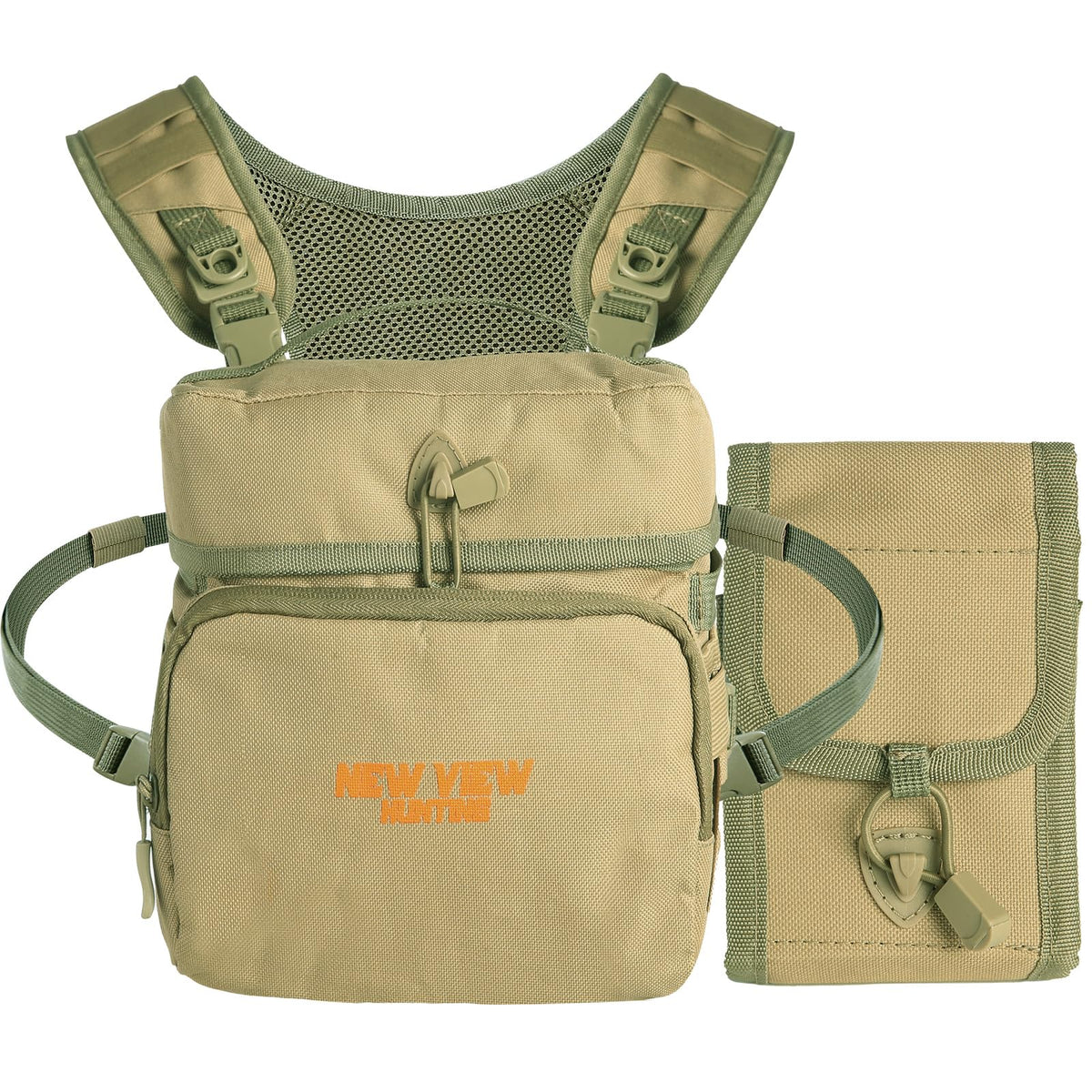New View Bino Packs For Hunting   Binocular Straps Harness Chest Pack With Detachable Rangefinder Pouch, Adjustable Bino Harness & Rain Cover   Ideal For Bow Hunting  Sepia M