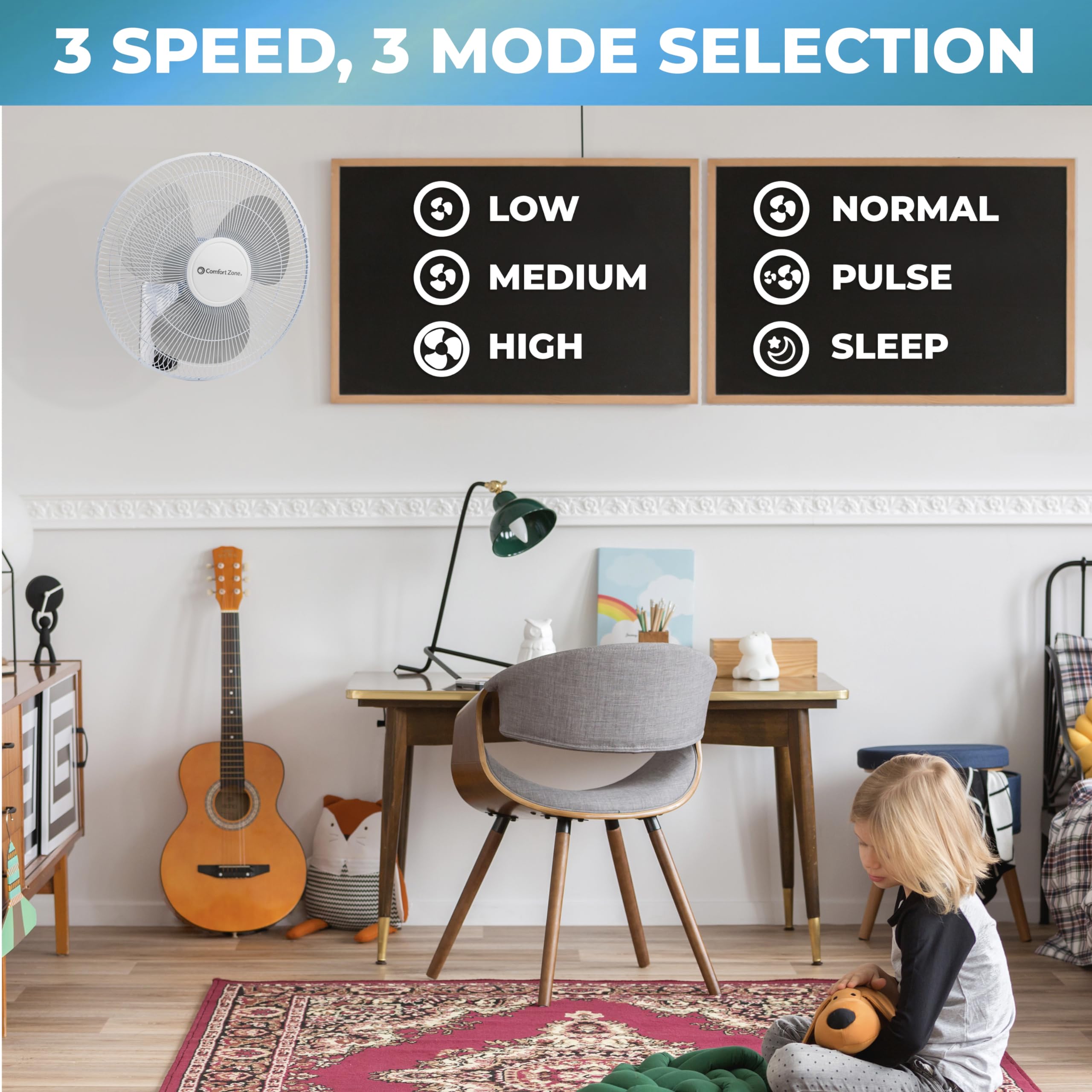 Comfort Zone 16'' Quiet 3 Speed Wall Mount Fan With Remote Control, Timer And Adjustable Tilt, Ideal For Home, Bedroom, Gym & Of
