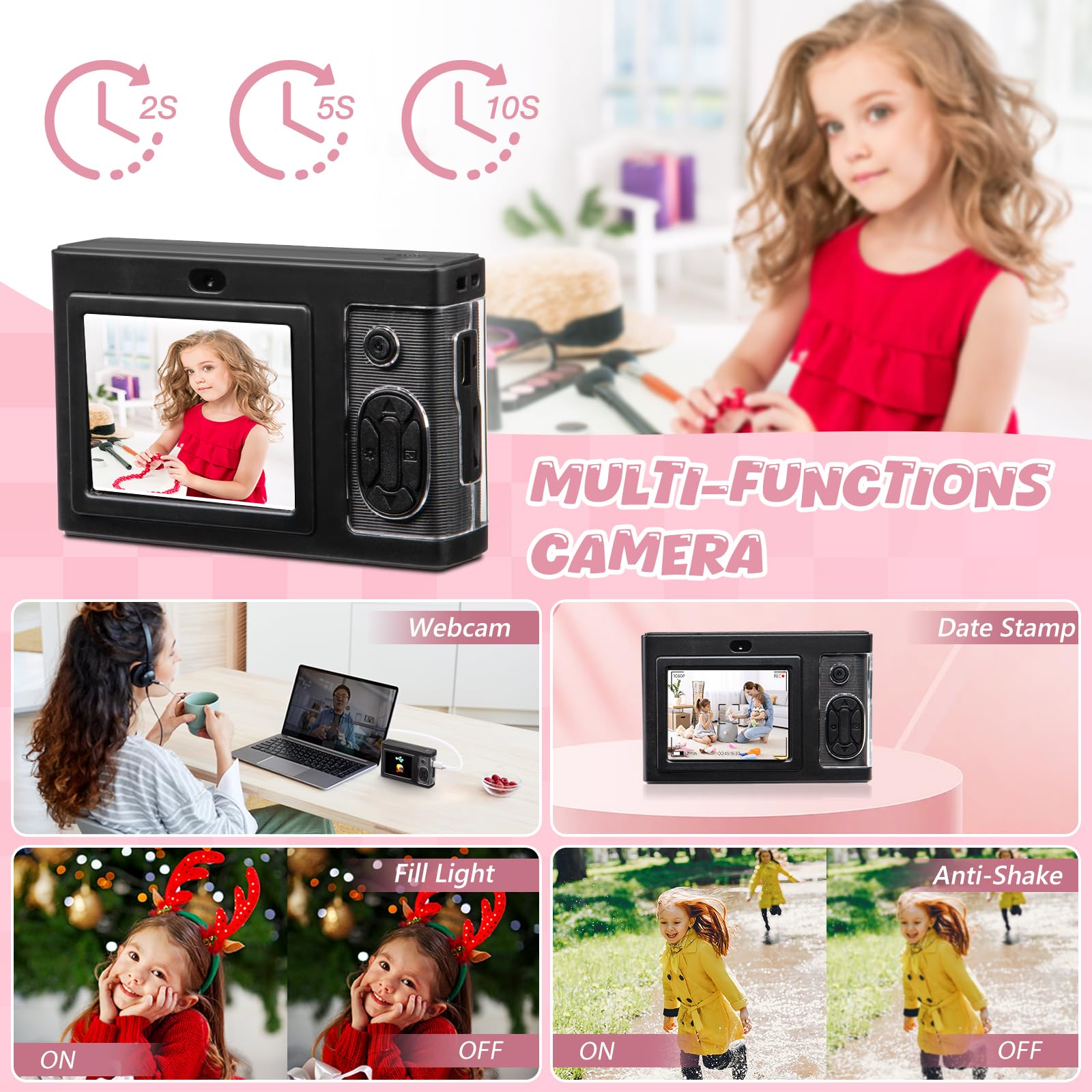 Digital Camera,Fhd 1080P Kids Camera With 32Gb Card,48Mp 8X Zoom Digital Point And Shoot Camera,Anti Shake,Front Camera,Lanyard,