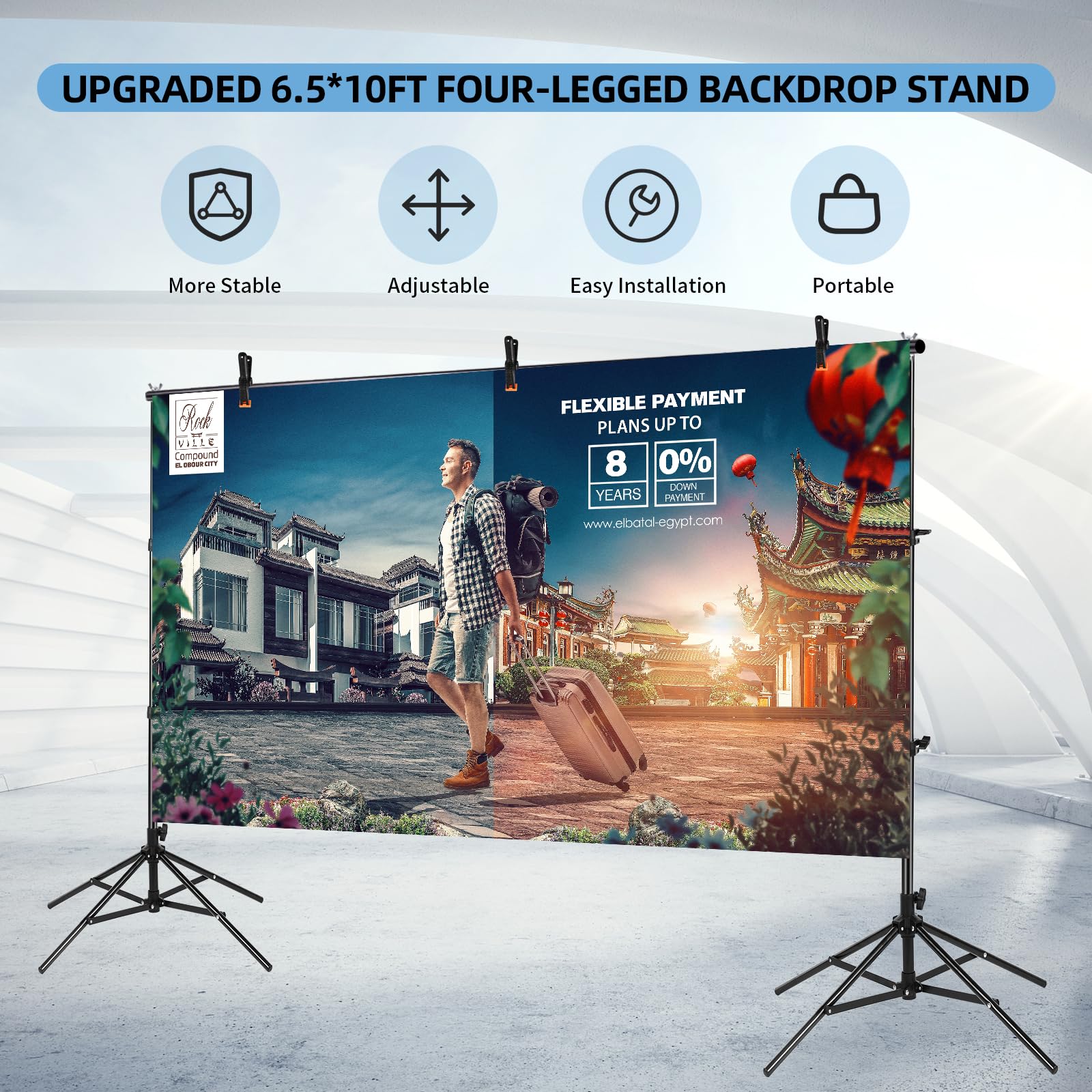 Four Legged Backdrop Stand 6.5X10Ft, Adjustable Video Studios Photo Backdrop, High Stable Backdrop Stand For Parties, Weddings,