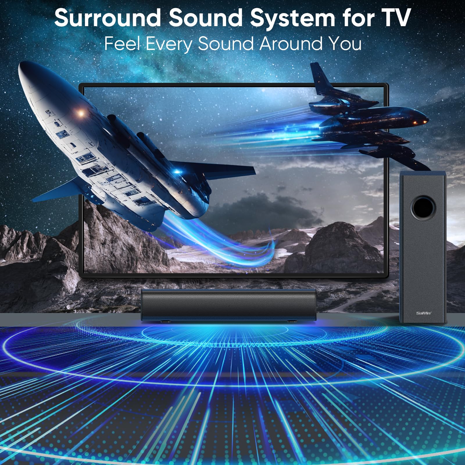 Saiyin Soundbar With 4'' Subwoofers - 70W Rounded-Edge Subwoofer & Compact Soundbar For Tv, 2.1 Audio Enhanced Surround Sound Sy