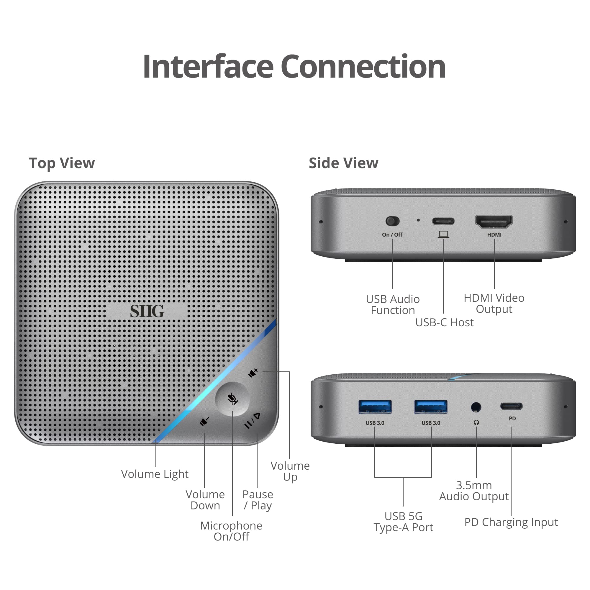 Siig Conference Room Omnidirectional Microphone Usb C Speakerphone Multi Port Mini Dock With 1X 4K Hdmi 2X Usb 3.0 Ports And Pd