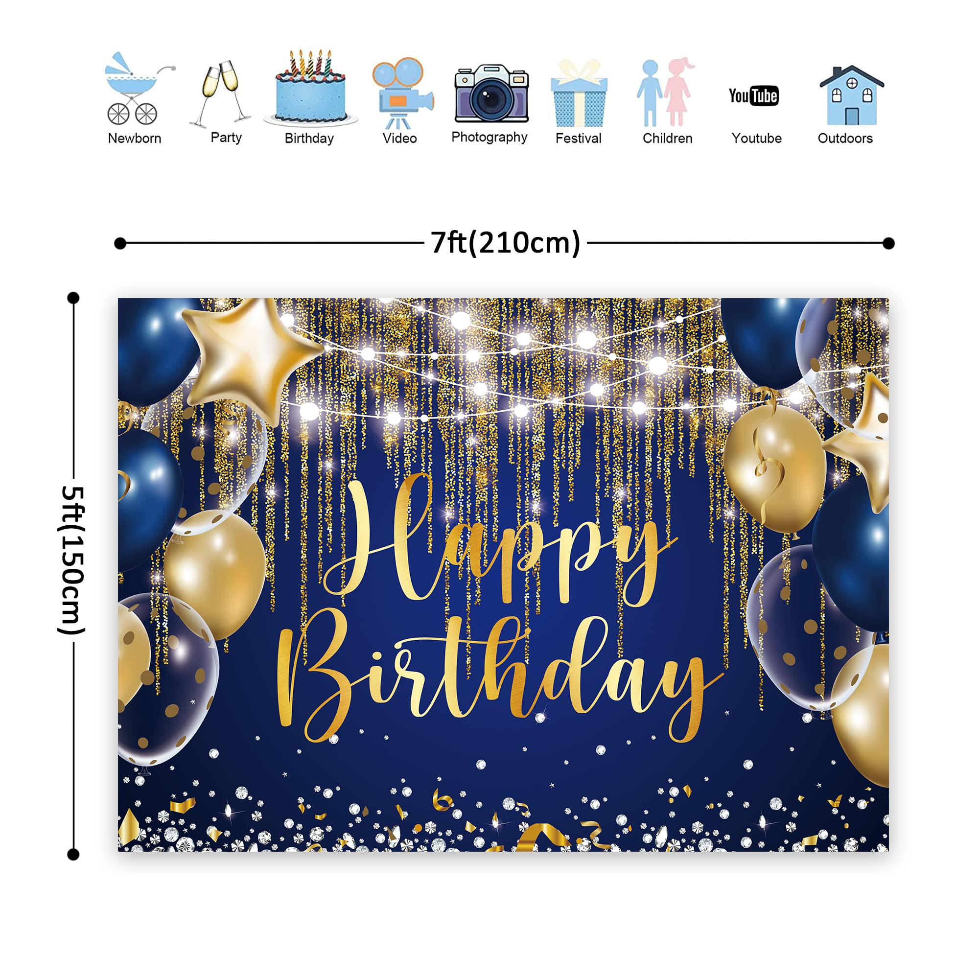 Riyidecor Blue Gold Happy Birthday Navy Royal Backdrop 7Wx5H Feet Polyester Fabric Men Boy Golden Dot Balloon Diamond Sparkle Co