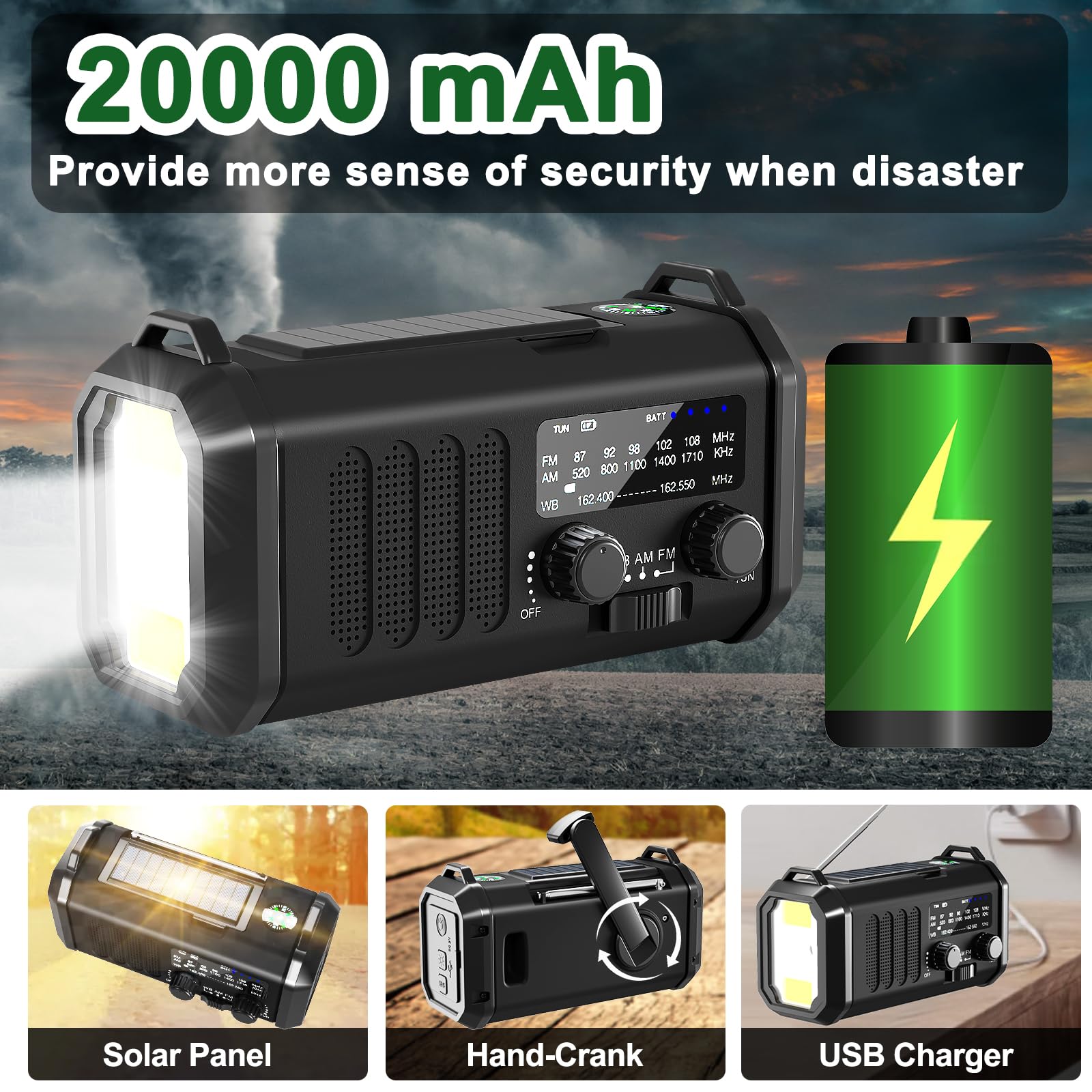 Emergency Radio Noaa Weather Radio Hand Crank & Solar Charging 20000Mah/74000Mwh With Am Fm Rechargeable Battery Built-In Flashl