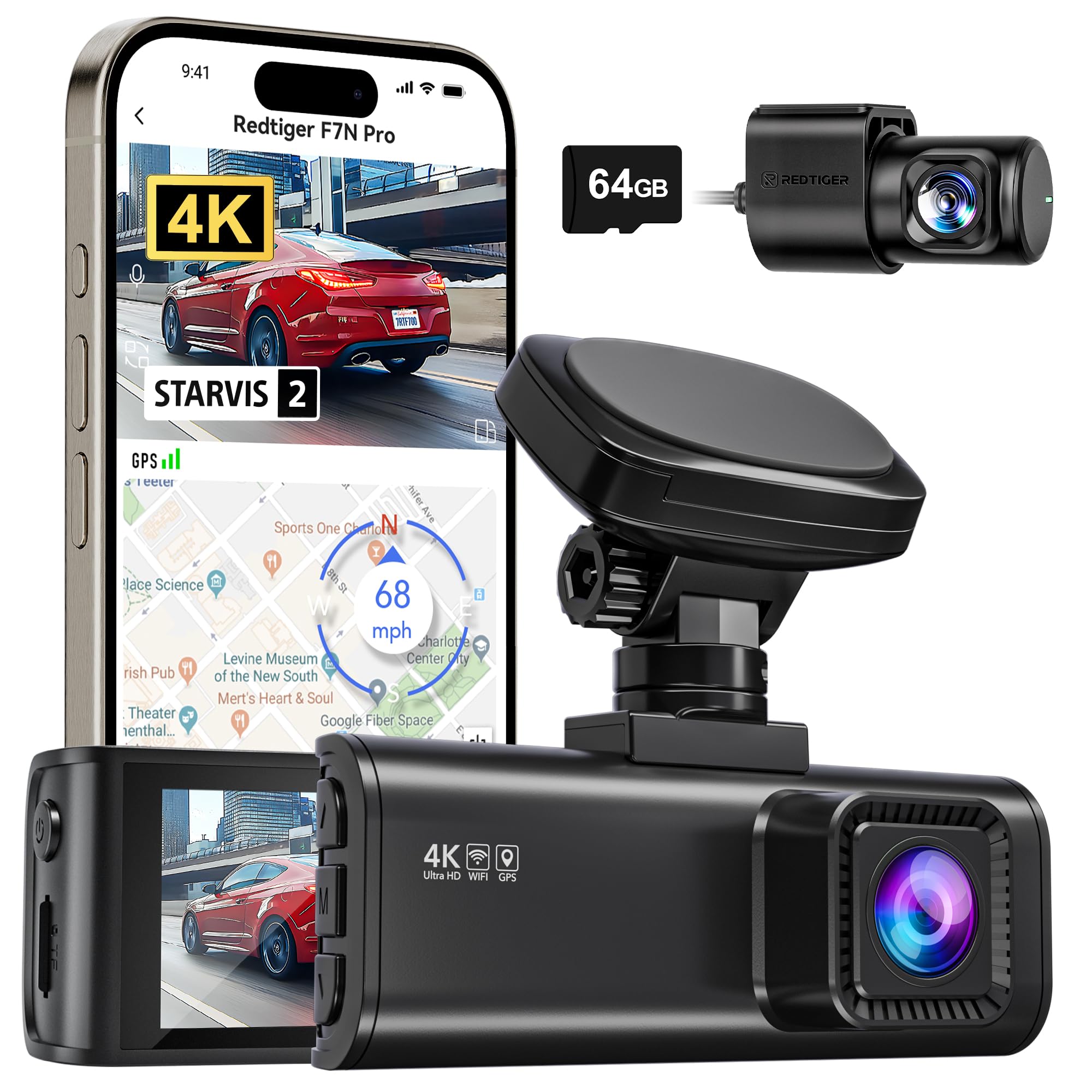Redtiger 4K Dash Cam Front And Rear, Starvis 2 Sensor, 64Gb Card Included, 4K/2.5K+1080P Dual Dash Camera For Cars Built In Wifi