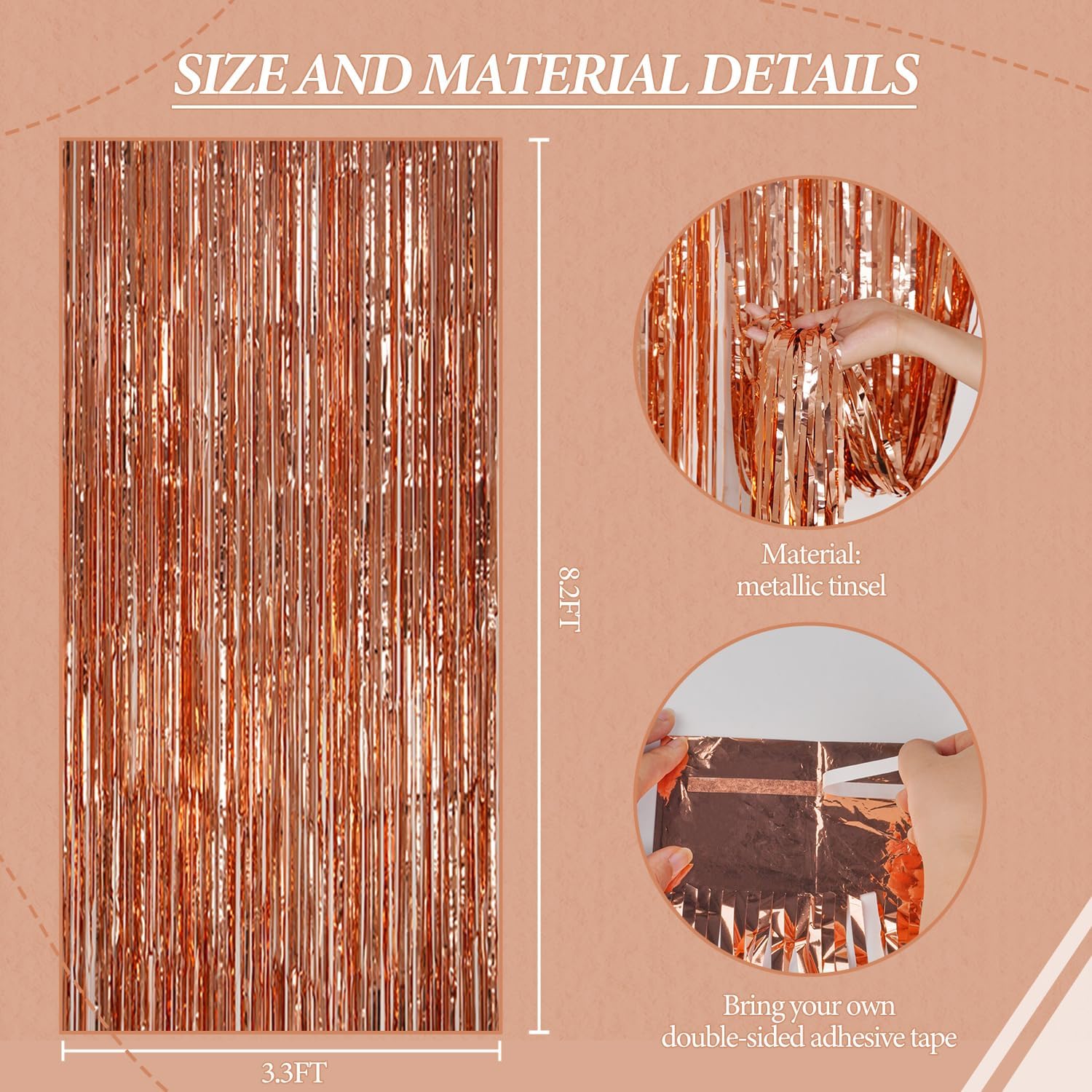 Decockrat 3 Pack Foil Fringe Backdrop   Rose Gold Shiny Tinsel Curtains For Party Decoration/Photo Booth Props   3.3X8.2 Ft Meta